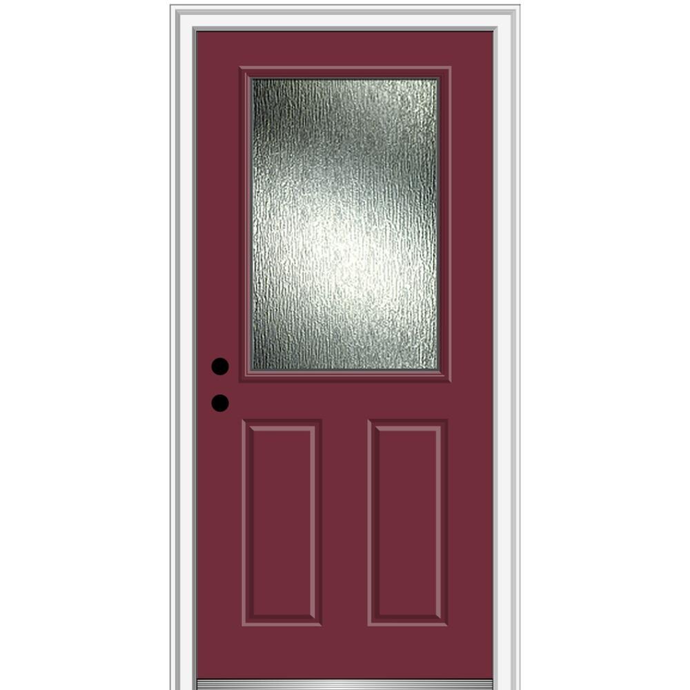 MMI DOOR ZZ367324R Rainglass 32-in x 80-in x 4-9/16-in Fiberglass Half lite Right-hand inswing Burgundy Painted Prehung Front Door with Brickmould Solid core