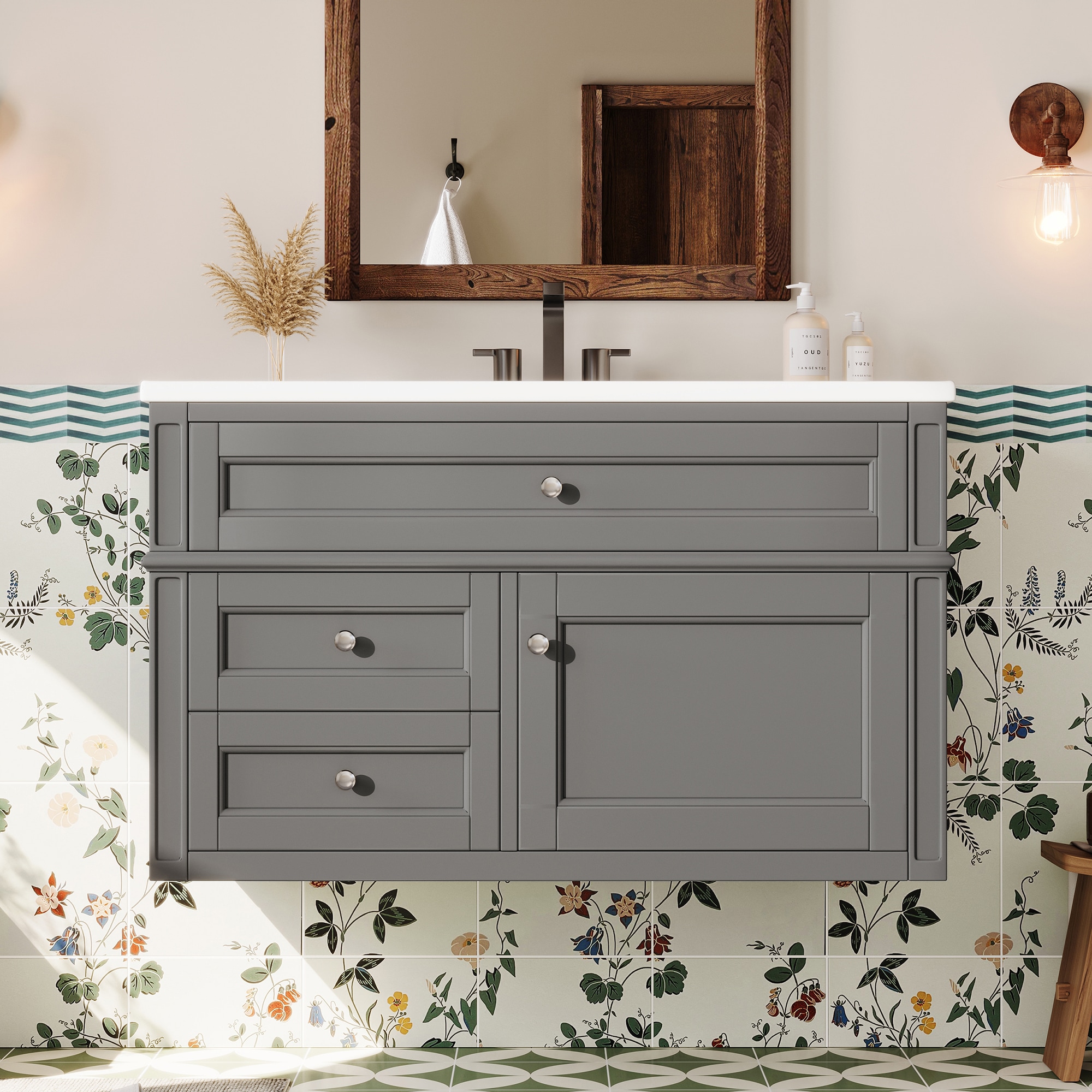 Vynxaria 36-in Gray Single-Sink Wall-Mount Bathroom Vanity with Tip-Out storage and Ceramic Sink