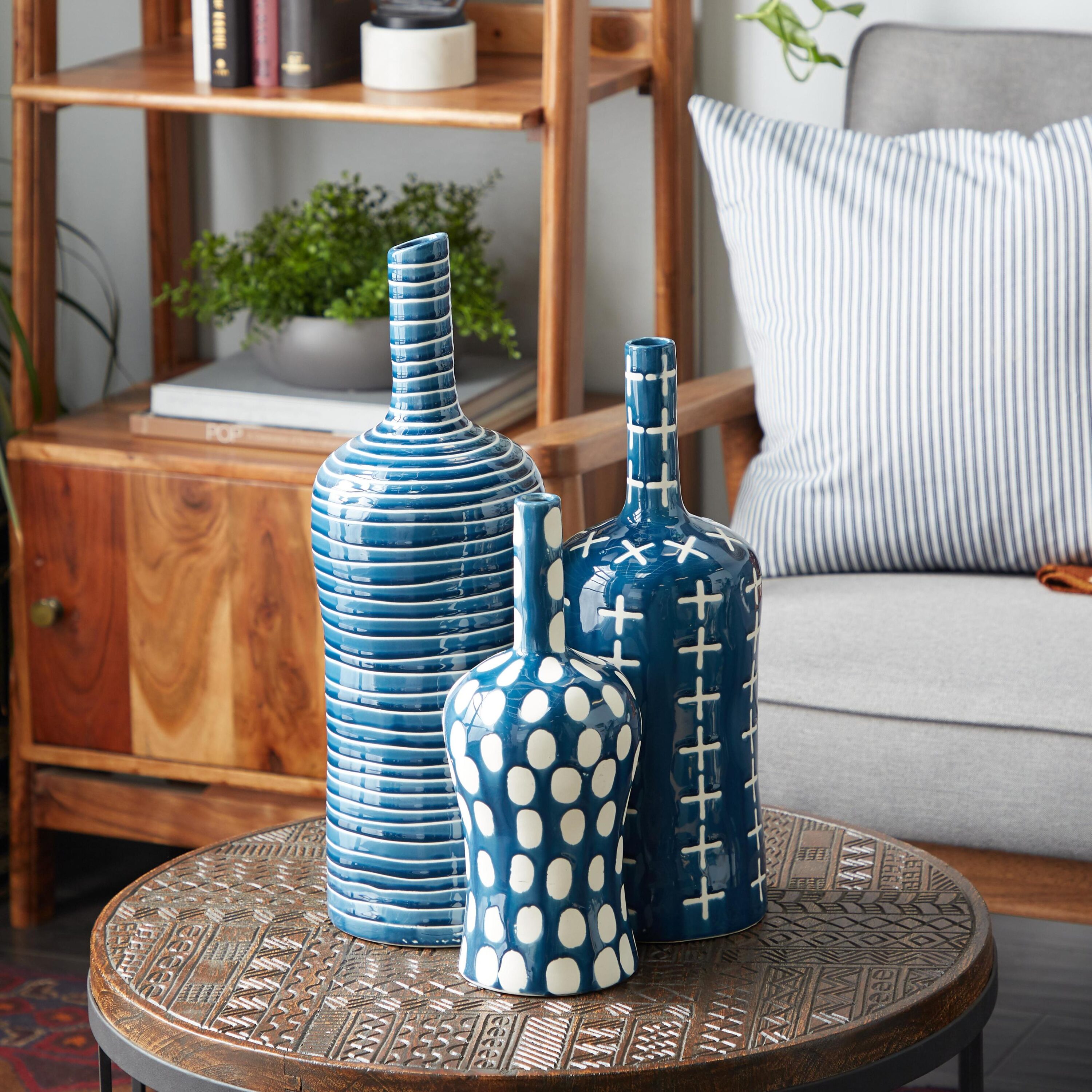 Blue and White Ceramic Bottle-Shaped Table Vase Set of Three