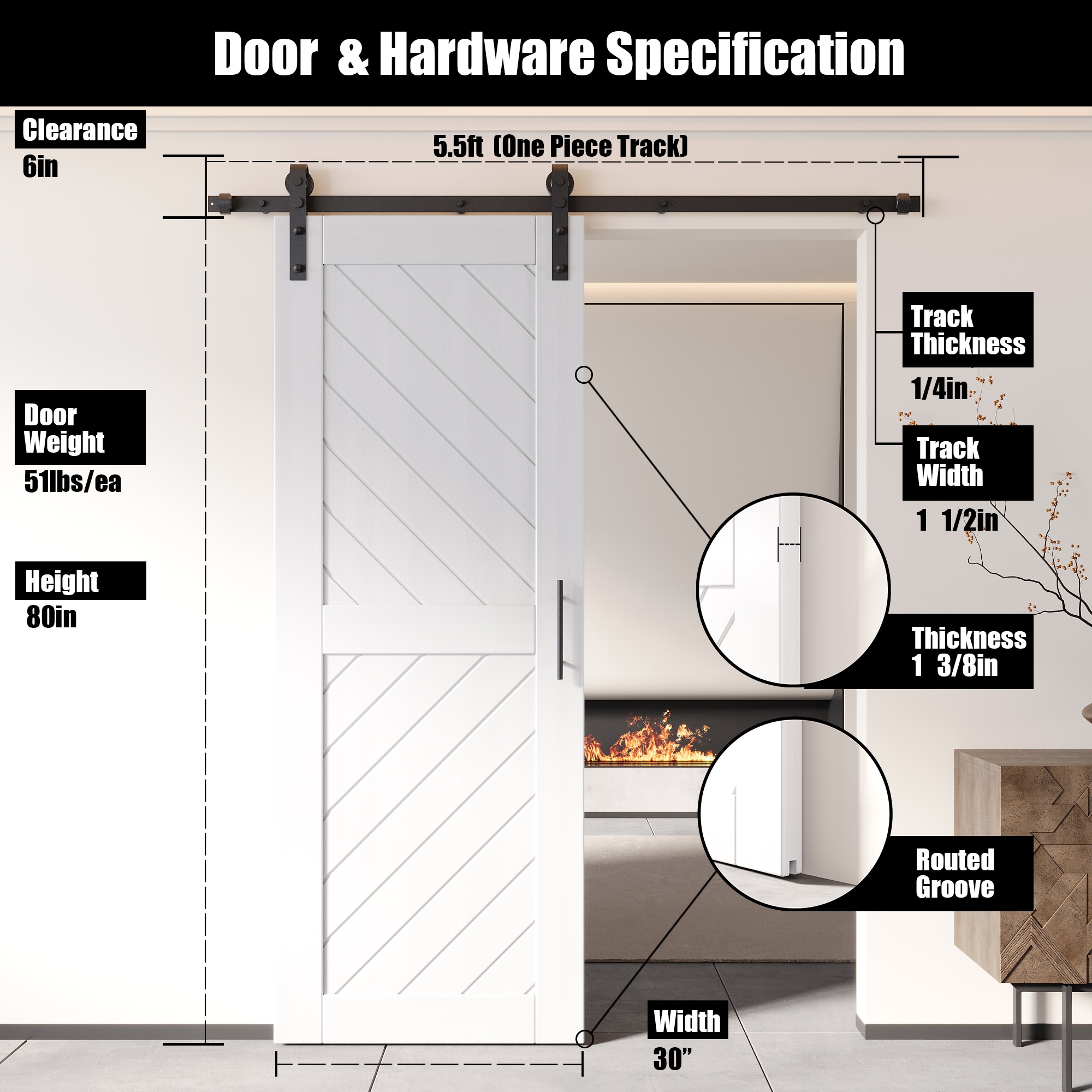 HOMACER YT1H066C-XT4-3080-WH Barn-Doors - View #2