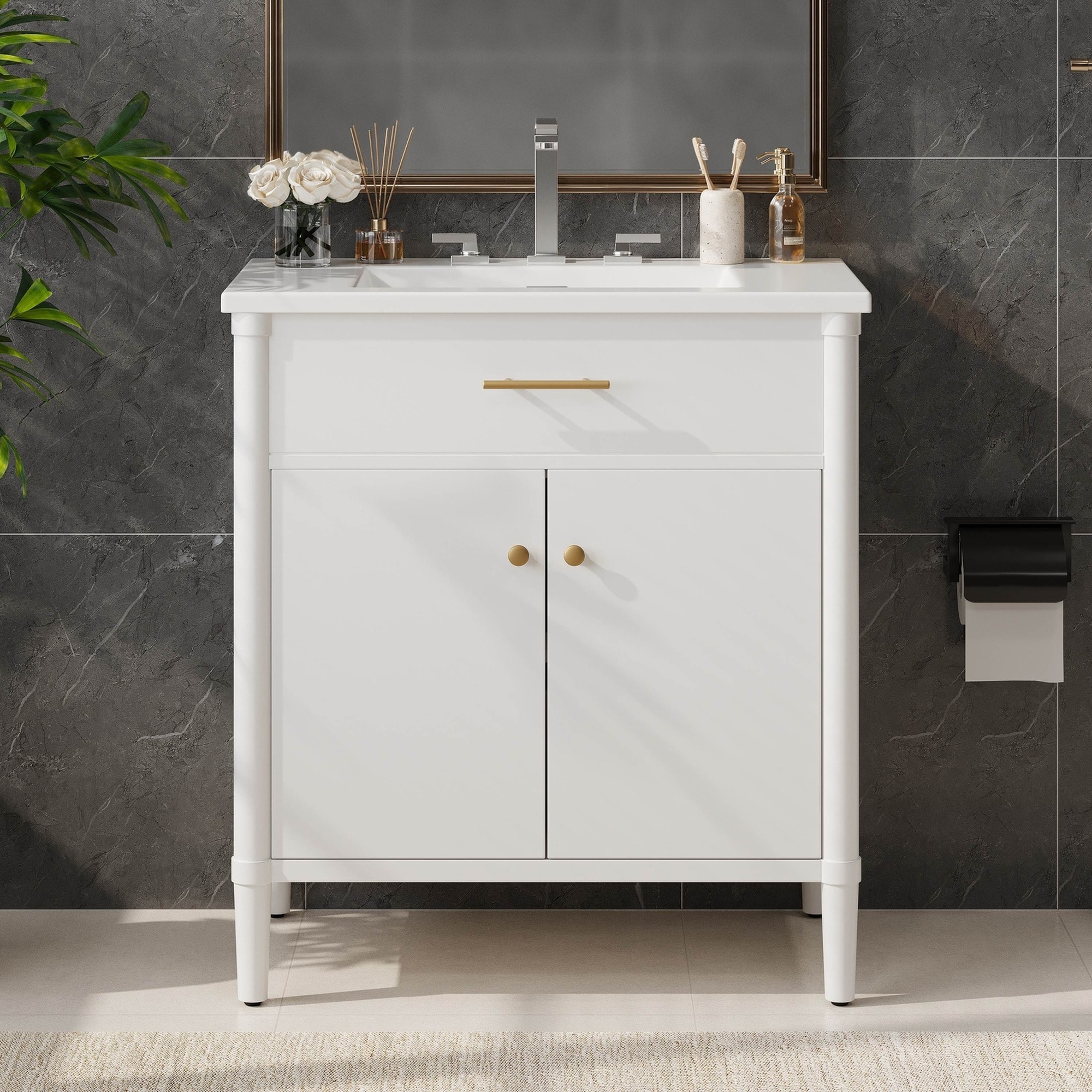 IAK 30 inch White MDF and Rubber Wood Bathroom Vanity with Sink with Soft Close Doors and Adjustable Shelf