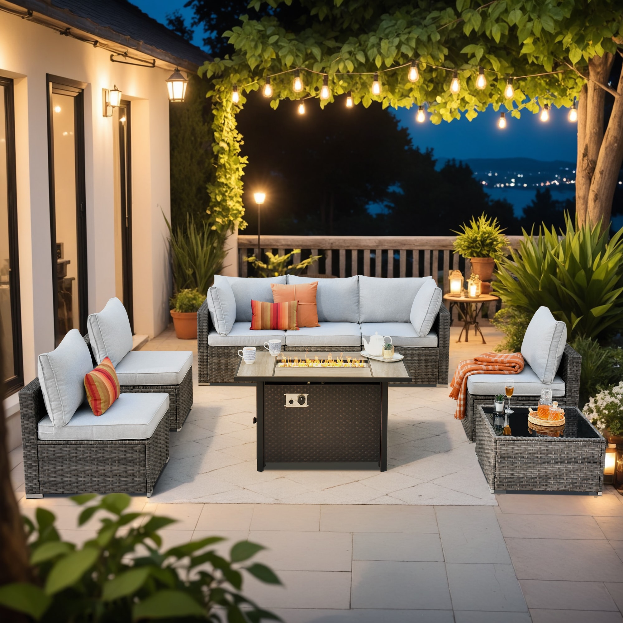 XIZZI XIHOPS404-IFP Sunrise 8-Piece Rattan Patio Sofa Conversation Set with Gray Cushions
