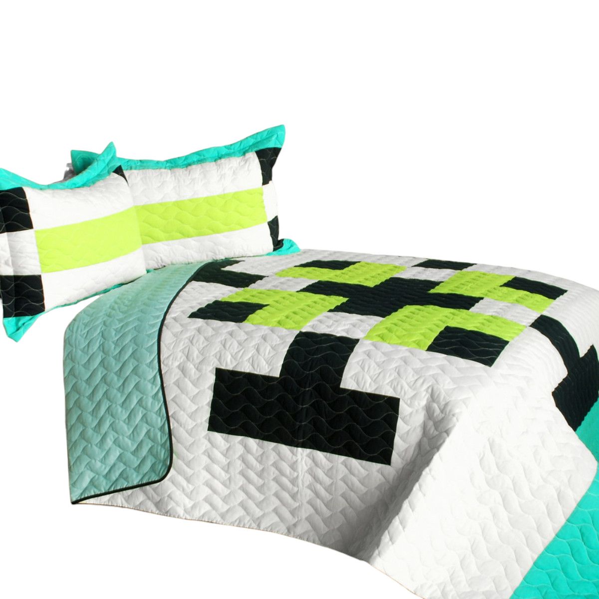 Slickblue 3-Piece Full/Queen Vermicelli Quilted Geometric Bedding Set for Guest Room or Home Bedroom Green/Orange