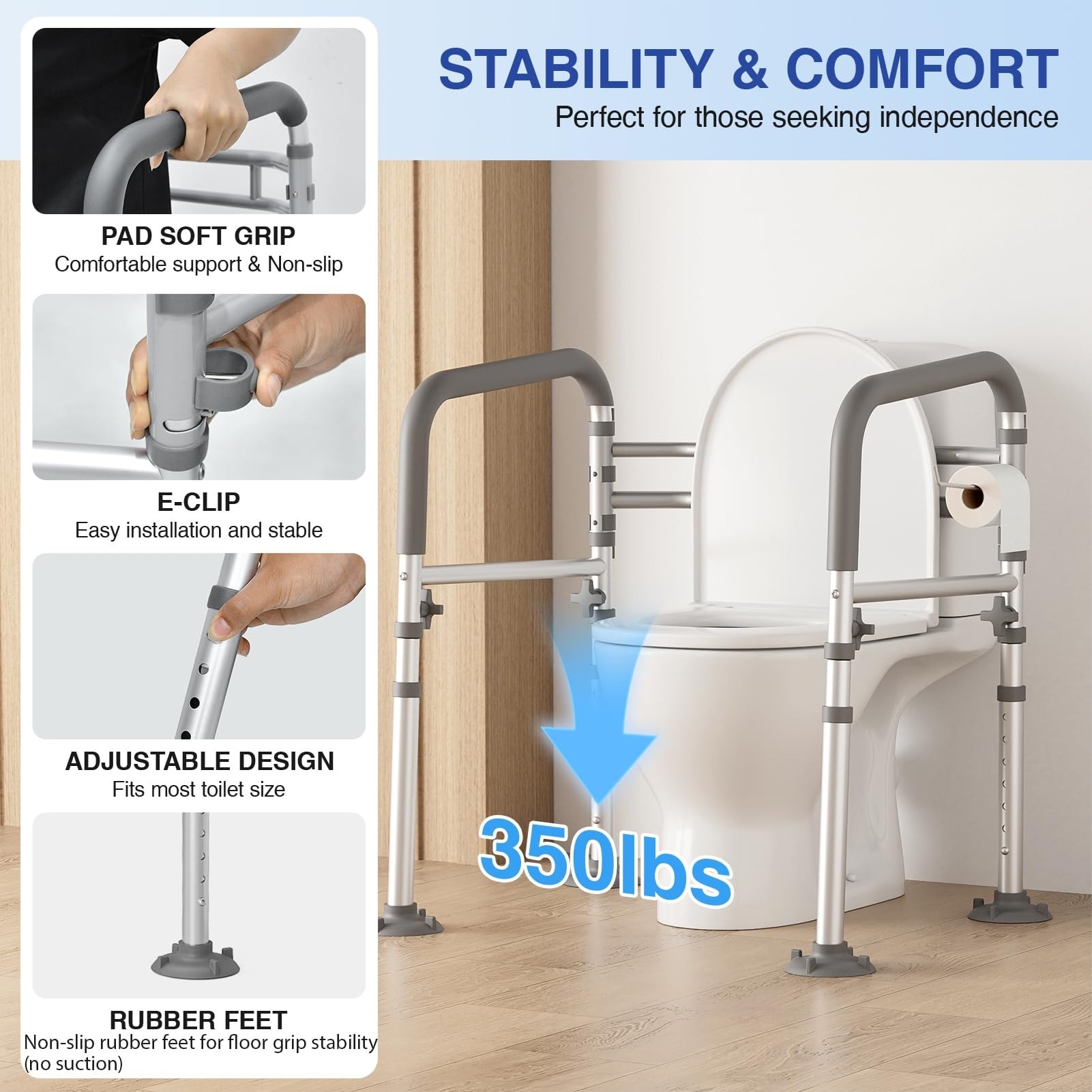 Aoibox  Foldable Adjustable Toilet Safety Rails and Handles for Seniors Elderly and Disabled 350 lb Gray