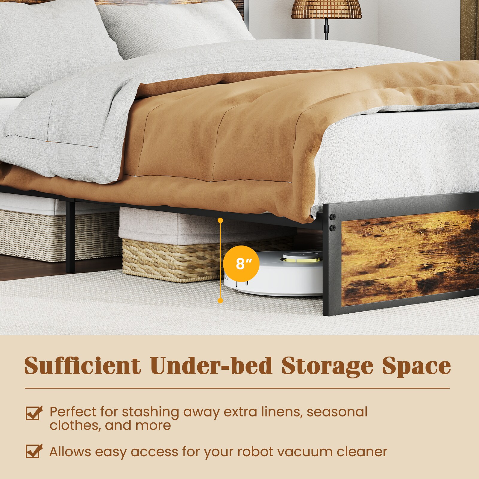 Volenca Industrial Metal Platform Bed Frame with Storage Charging ...
