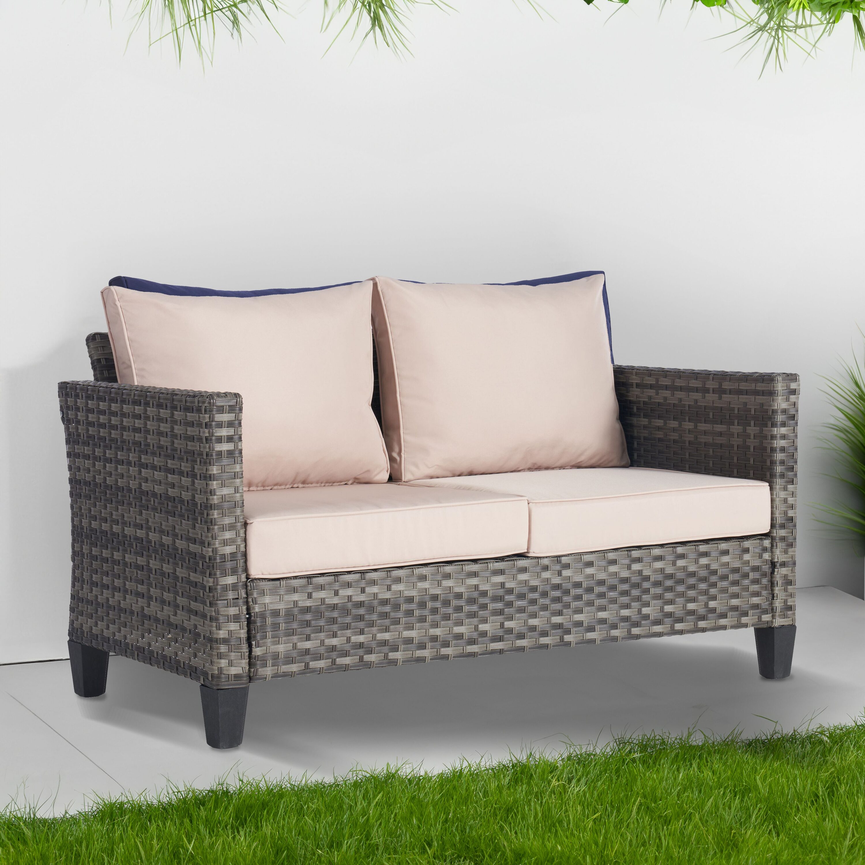 SANSTAR L-WS92SN Patio Benches Wicker Outdoor Loveseat with Tan Cushions and Steel Frame