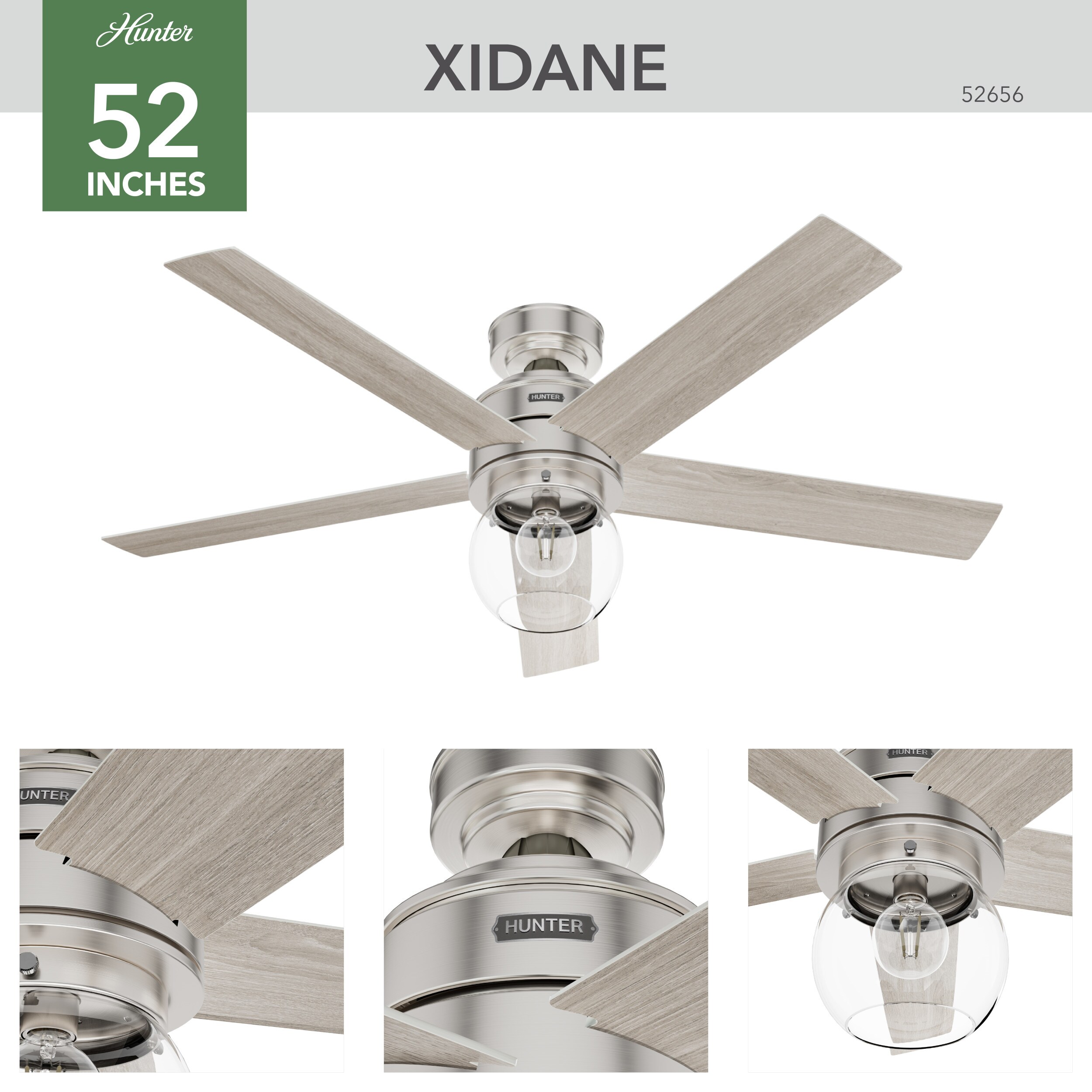 Hunter Xidane SureSpeed 52-in Brushed Nickel Indoor Ceiling Fan 