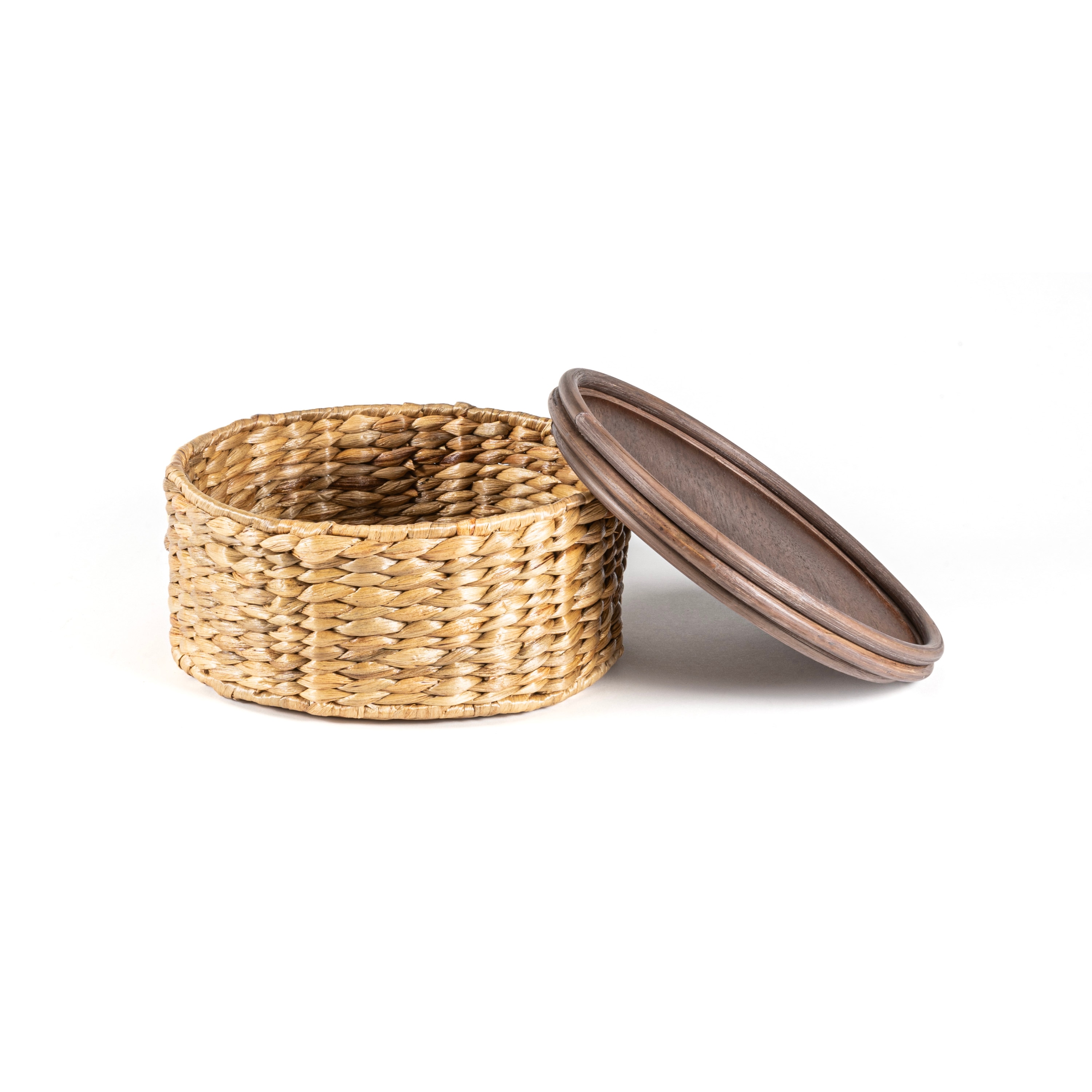 Natural Hand-Woven Hyacinth Round Storage Baskets with Wood Lids, Set of 3