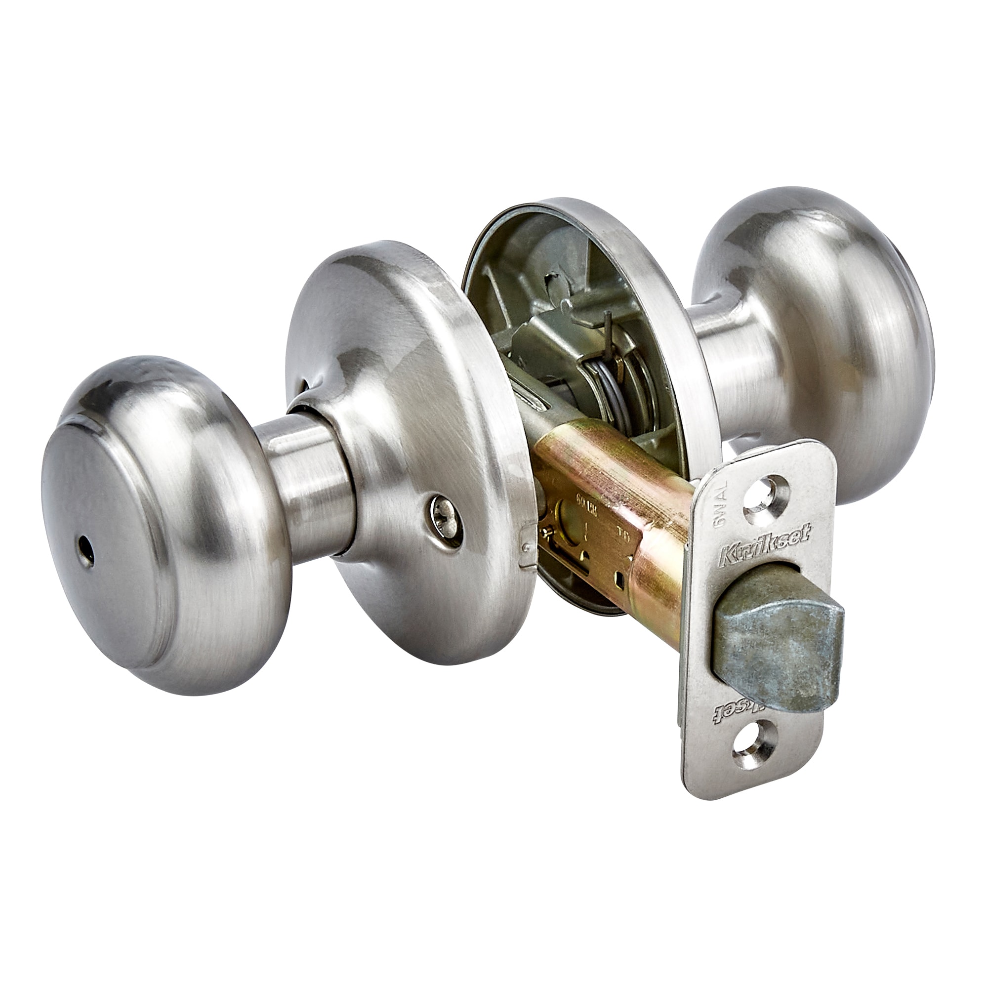 Kwikset Security Cove Satin Nickel Interior Bed/Bath Privacy Door Knob with  Antimicrobial Technology in the Door Knobs department at