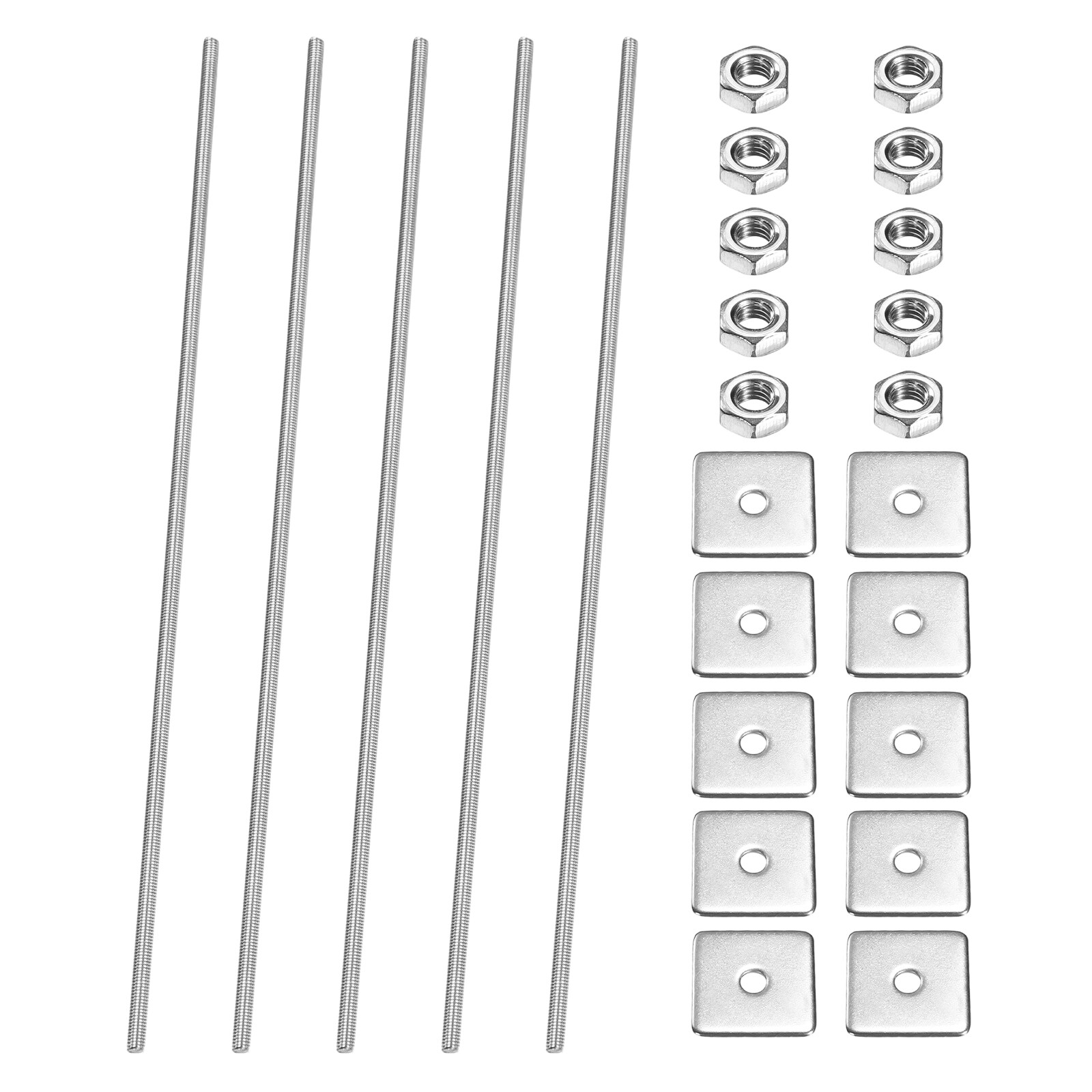 PATIKIL 5pcs Fully Threaded Rod M3 x 180mm 304 Stainless Steel Right Hand Long Thread Bar Studs with Nuts Square Washers for Pipes Clamps Hangers U-Bolts #S26082700UX5911