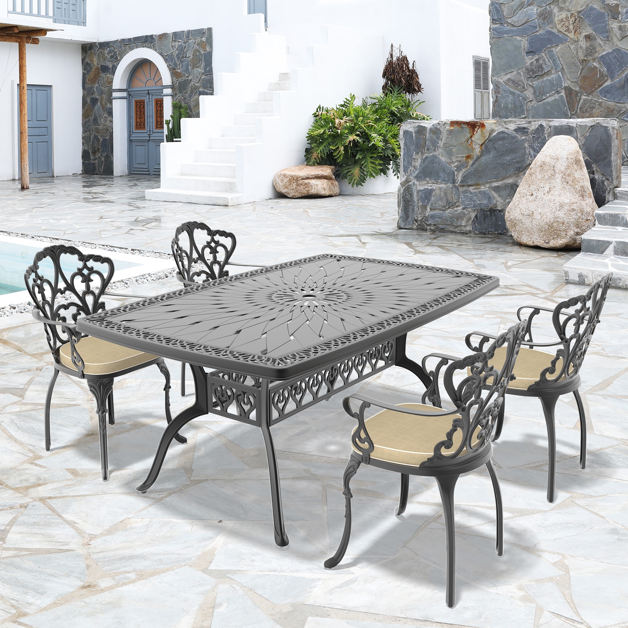 nicesure SLBK6047CZ4A1116RC 5 -Piece Black Patio Dining Set Aluminum Rectangle Table with 4 Cushions Stationary Chairs
