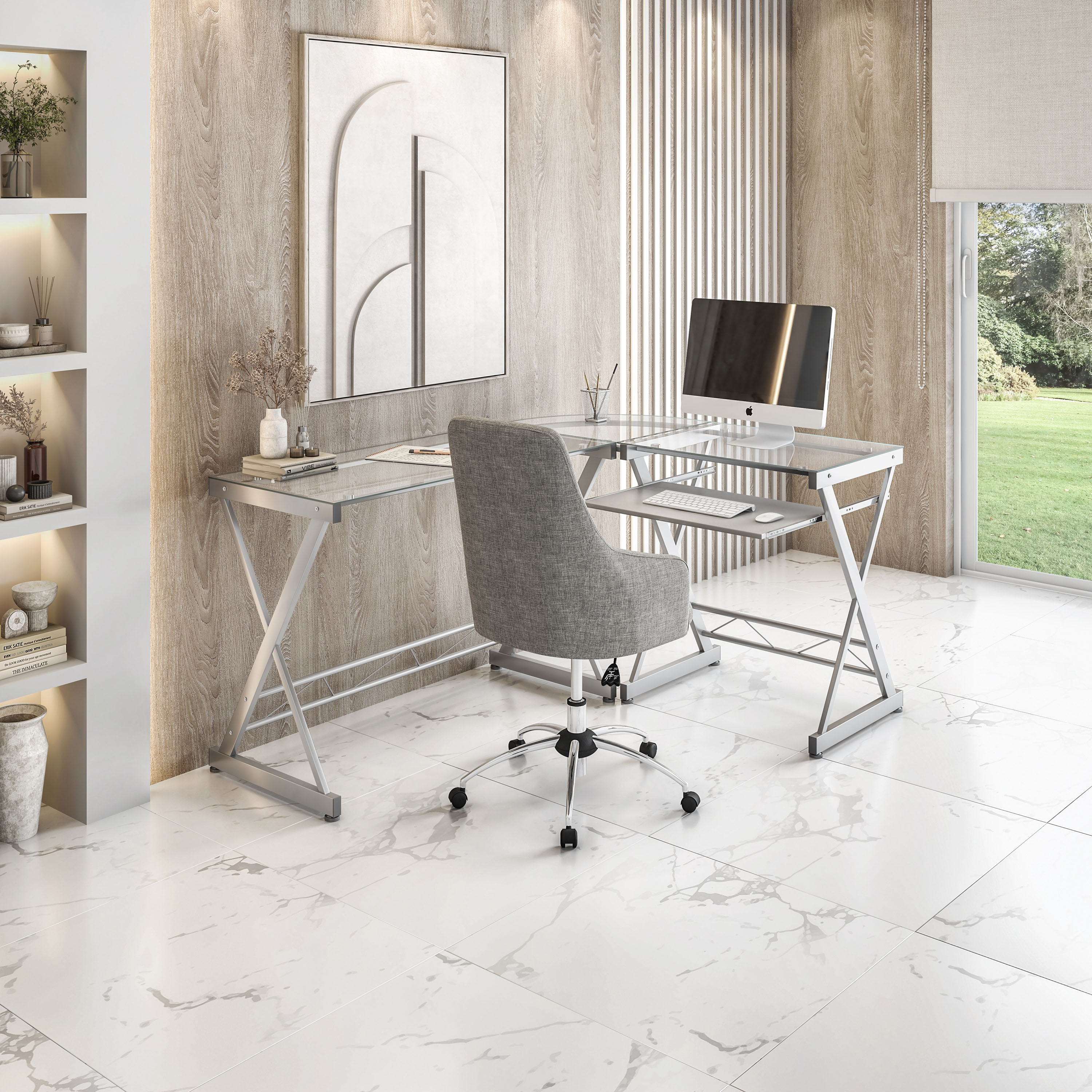 LOVMOR SF-R-RTA-3802-GLS L-Shaped Tempered Glass Top Computer Desk with Pull Out Keyboard Panel Clear
