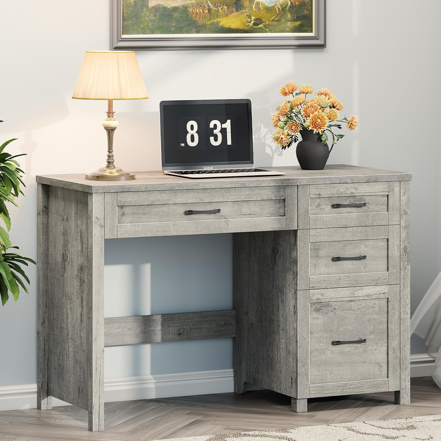 Vabches - 47-in Weathered Gray Farmhouse Engineered Wood Executive Desk with File Drawer and Storage