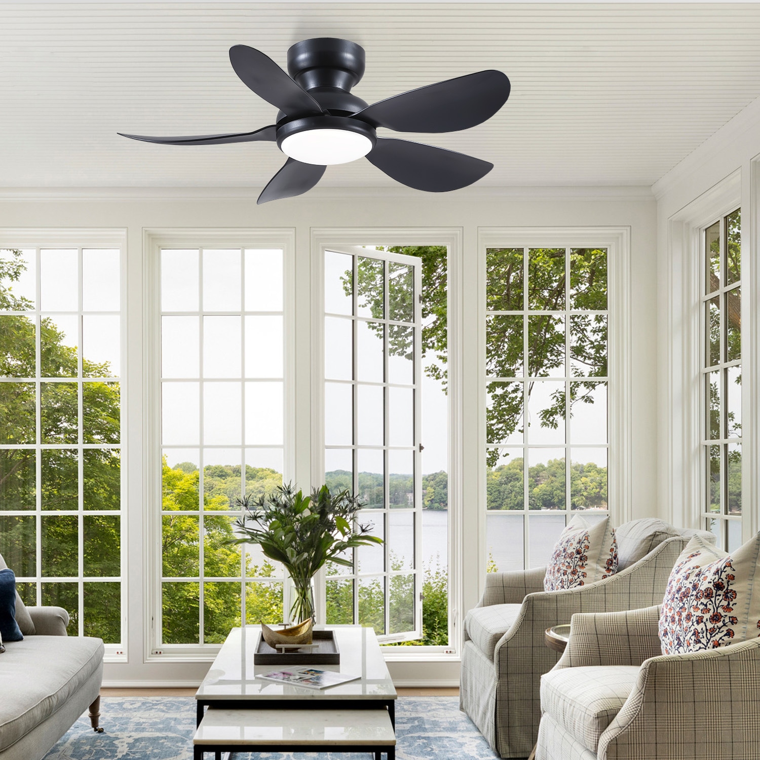Kviflon  36 in Black Flush Mount Ceiling Fan with Light Wing Shaped Blades Quiet DC Motor Reversible 6 Speed Remote and App Control 3 CCT Dimmable LED