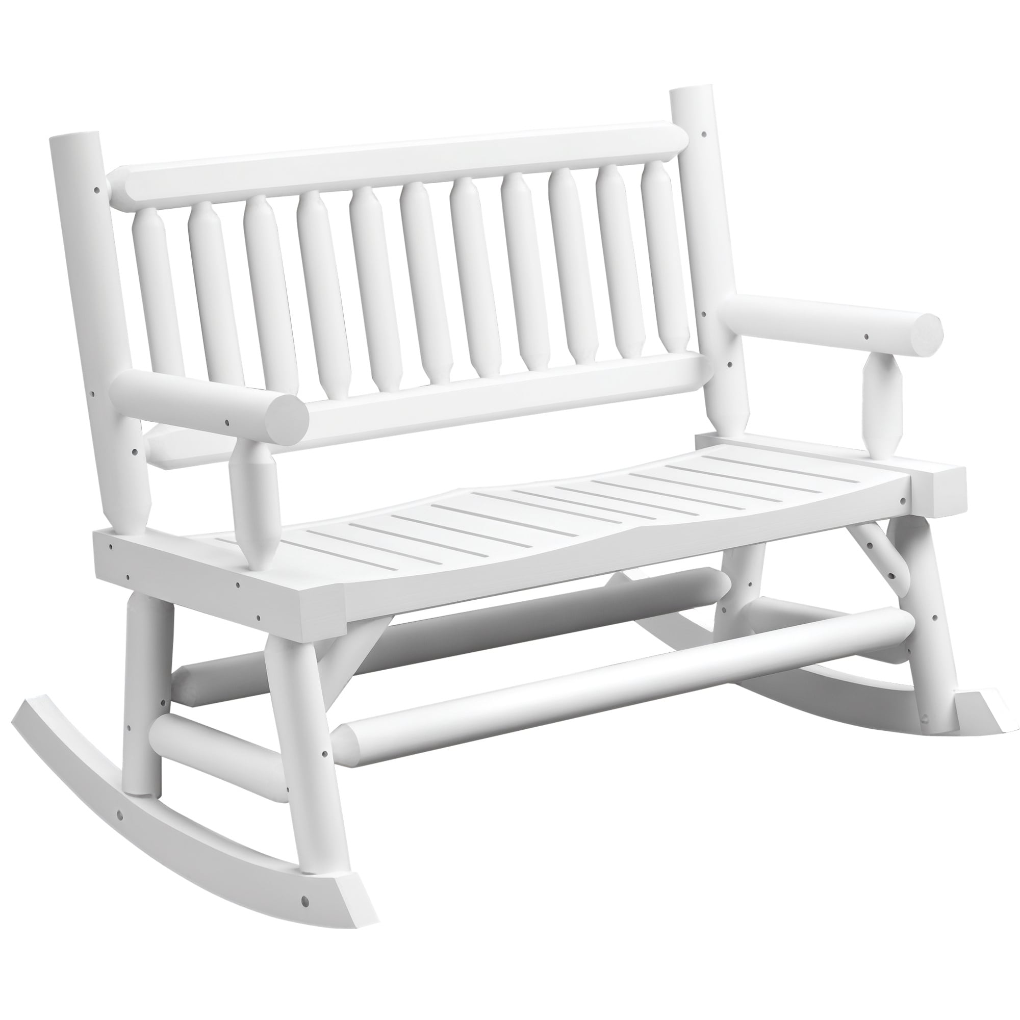 Outsunny 84A-133WT 2Person Wood Rocking Chair with Log Design Heavy Duty Loveseat with Wide Curved Seats for Patio Backyard Garden White