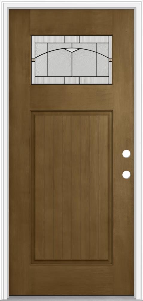 JELD-WEN LOWOLJW205800071 32-in x 80-in Fiberglass Craftsman Left-Hand Inswing Woodhaven Stained Prehung Front Door with Brickmould Insulating Core