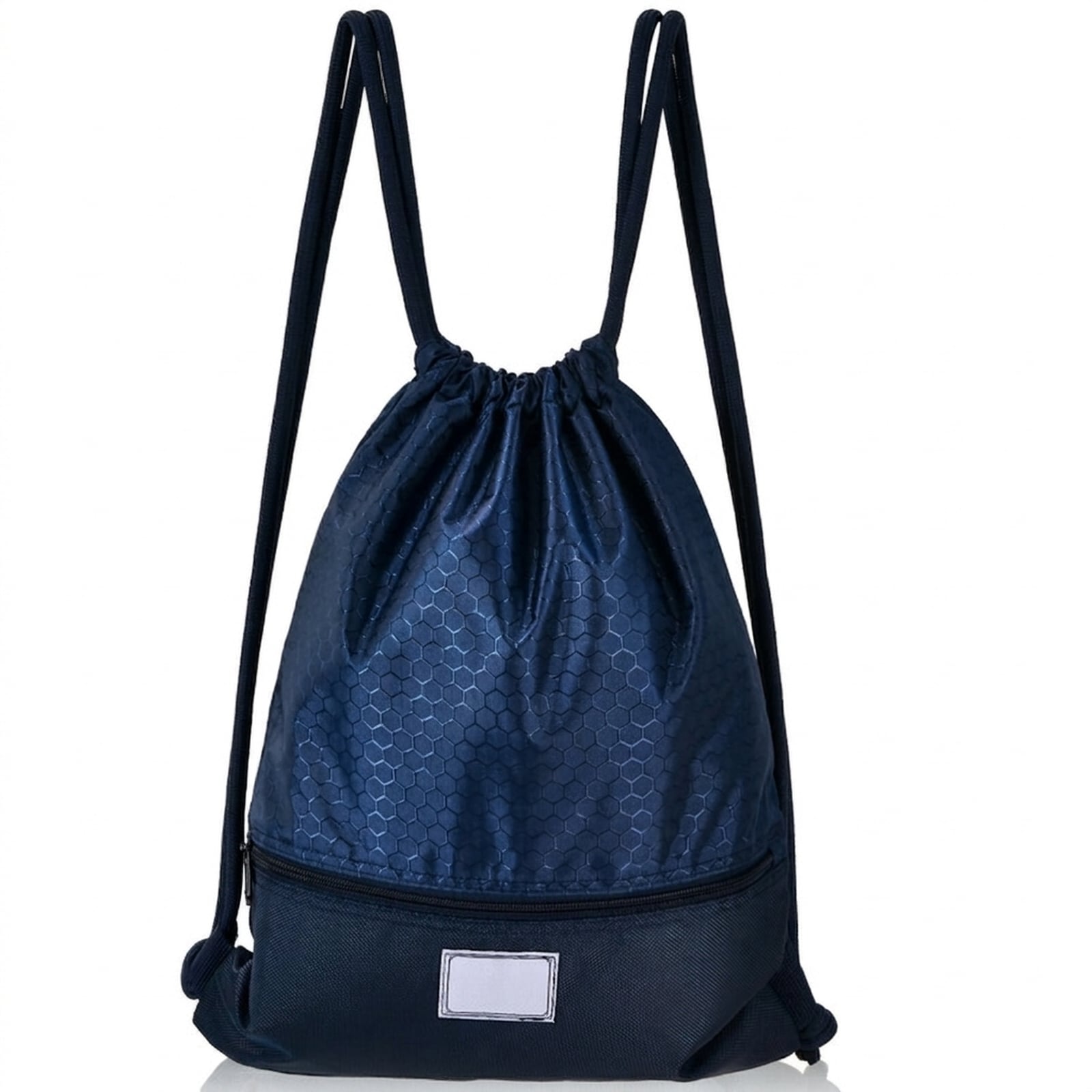 SUGIFT Drawstring Backpack in Dark Blue with Zipper Pocket - 17-in x 14-in Foldable String Bag Cinch Sack Polyester for Gym School and Sports
