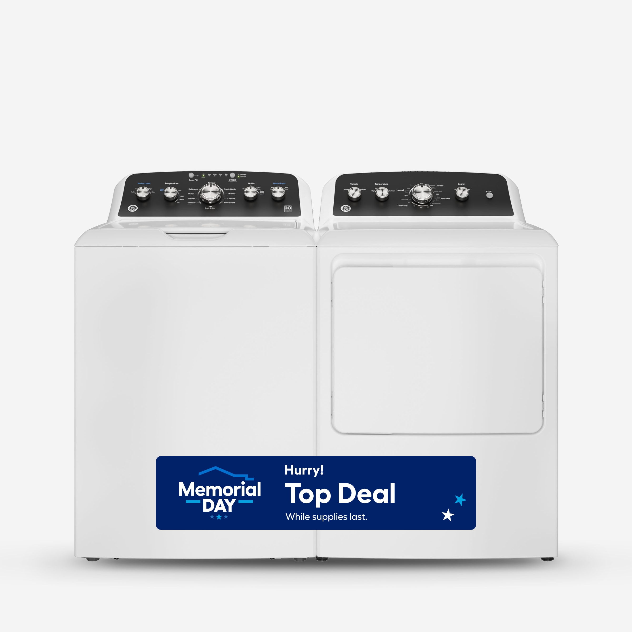 GE  Top-Load Washer with Two-Piece Agitator & Vented Electric Dryer Set in White