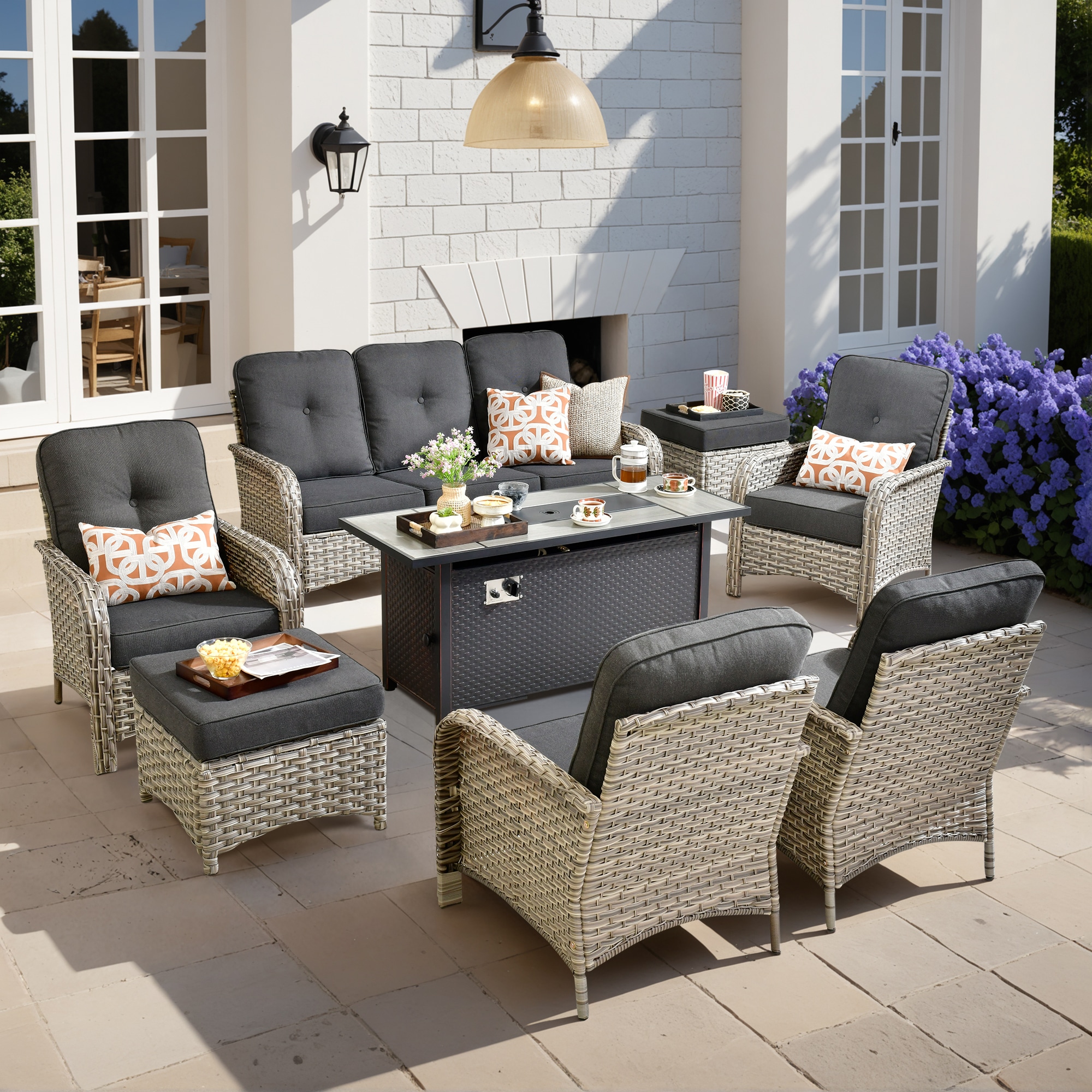 Pouuin SDFPVNC107 8 -Piece Wicker Patio Sofa Conversation Set with Black Cushions