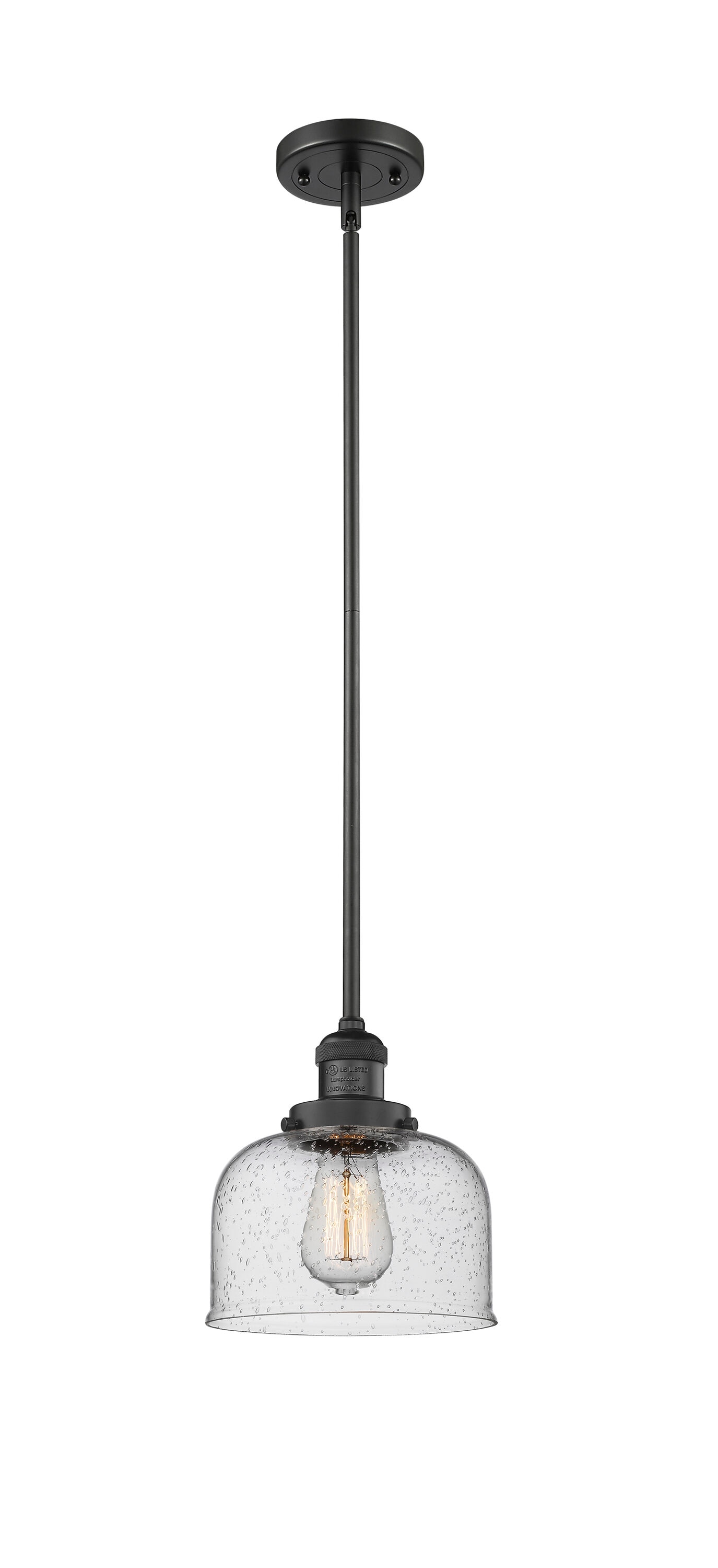 Innovations Lighting 201S-BK-G74 Bell Matte Black Industrial Seeded glass Bell Medium Hanging Pendant light