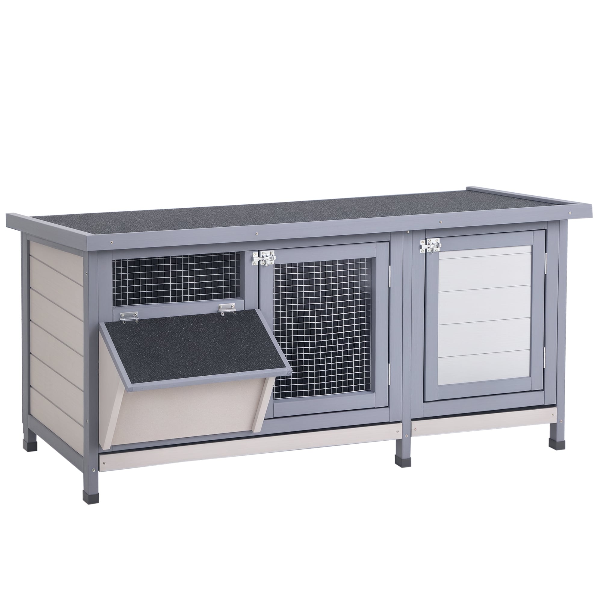 PawHut  Wooden Rabbit Hutch Bunny Hutch Cage Guinea Pig with Waterproof Roof No Leak Tray and Feeding Trough Indoor/Outdoor Gray