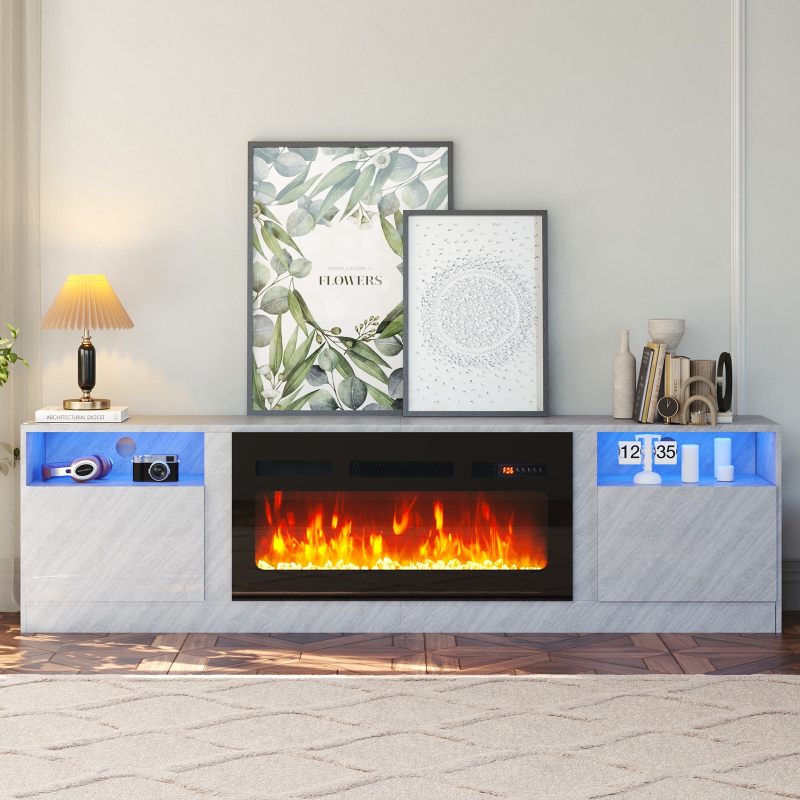 70 inch TV Stand with LED, High Gloss TV Console with