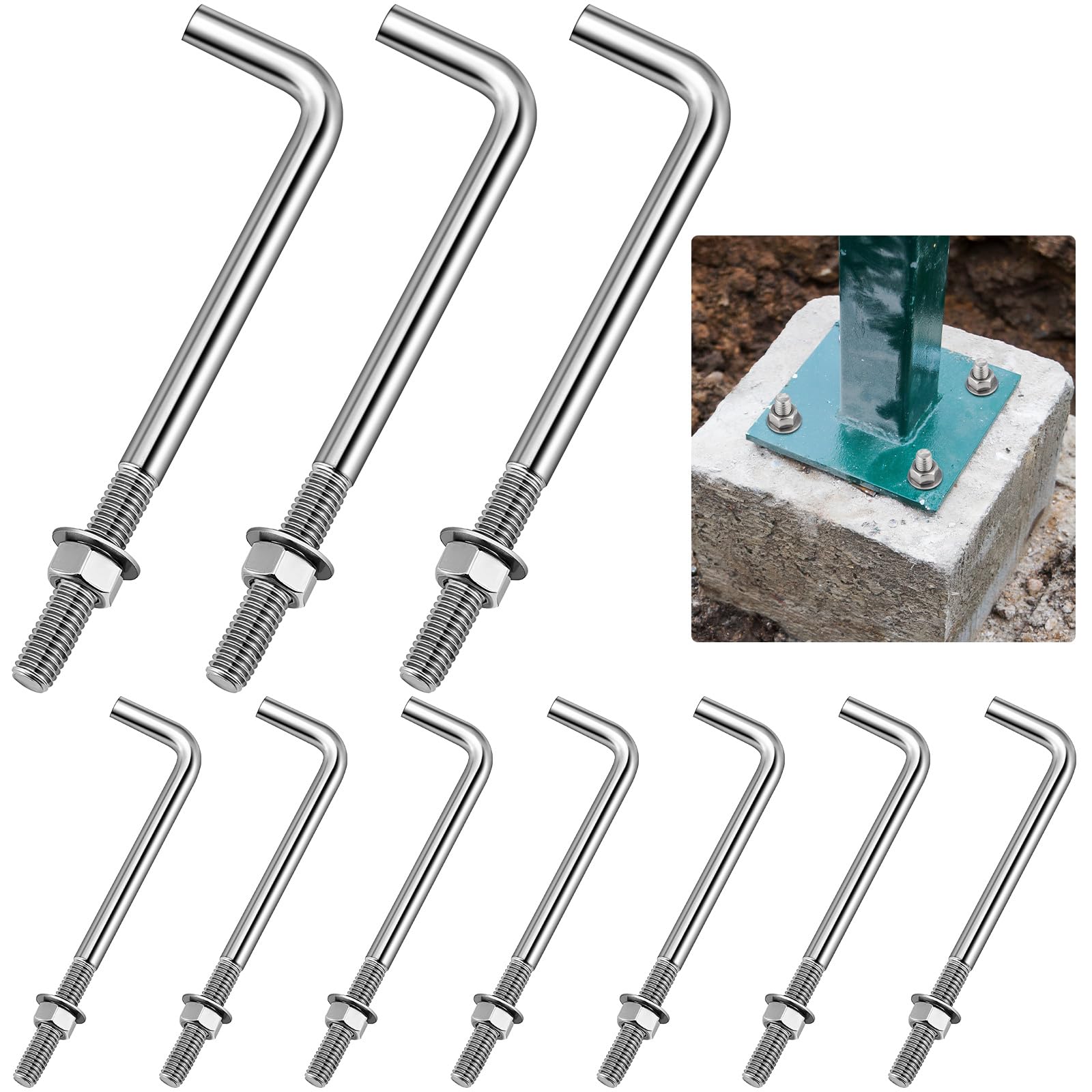 Justincity  10 Pcs Anchors Bolts 3 8 16 x 6 Inches 304 Stainless Steel Concrete J Bolts Cement Post Anchor Fastener with Nut Washer Bracket for