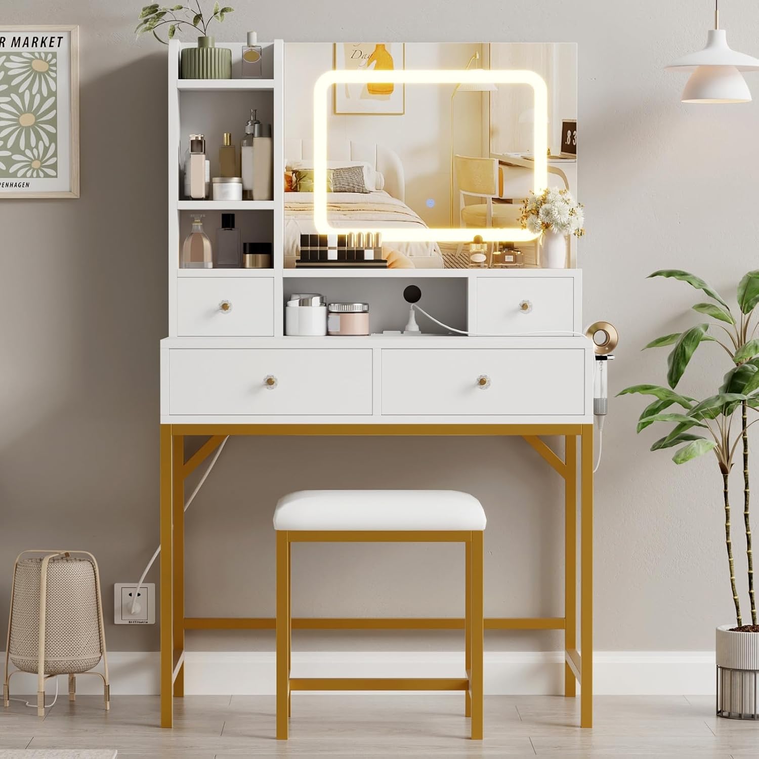 IdealHouse Black Modern Vanity Desk with 3 Adjustable Lighting Mode ...