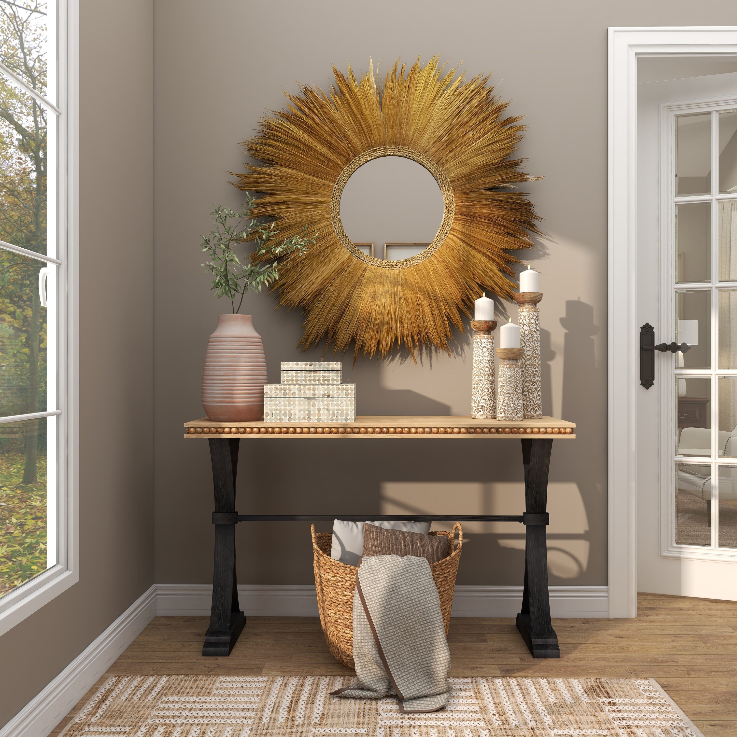 Golden Sunburst Round Decorative Wall Mirror with Grass Trim
