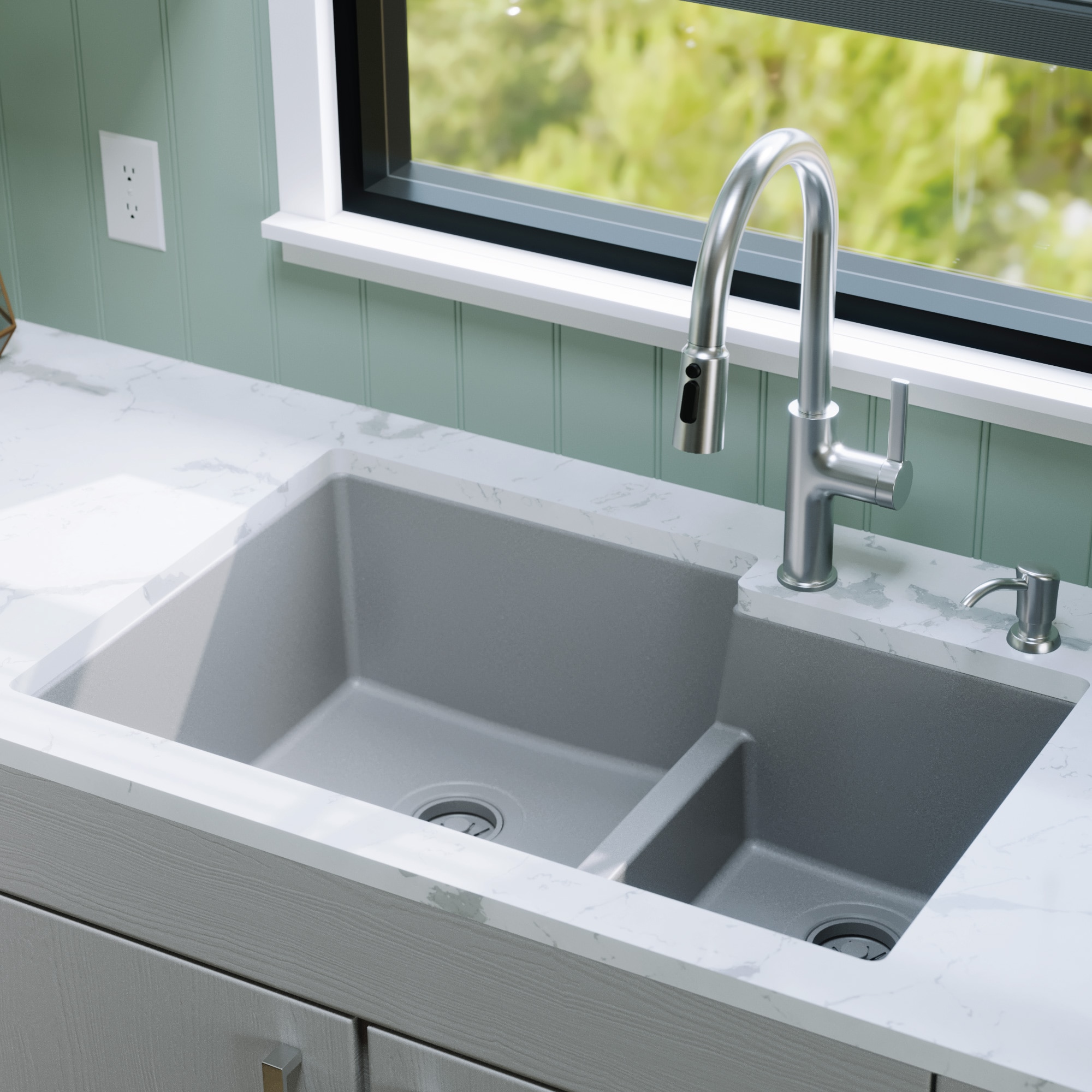 Karran - Undermount 32-in x 21.25-in Quartz Double offset bowl Kitchen Sink