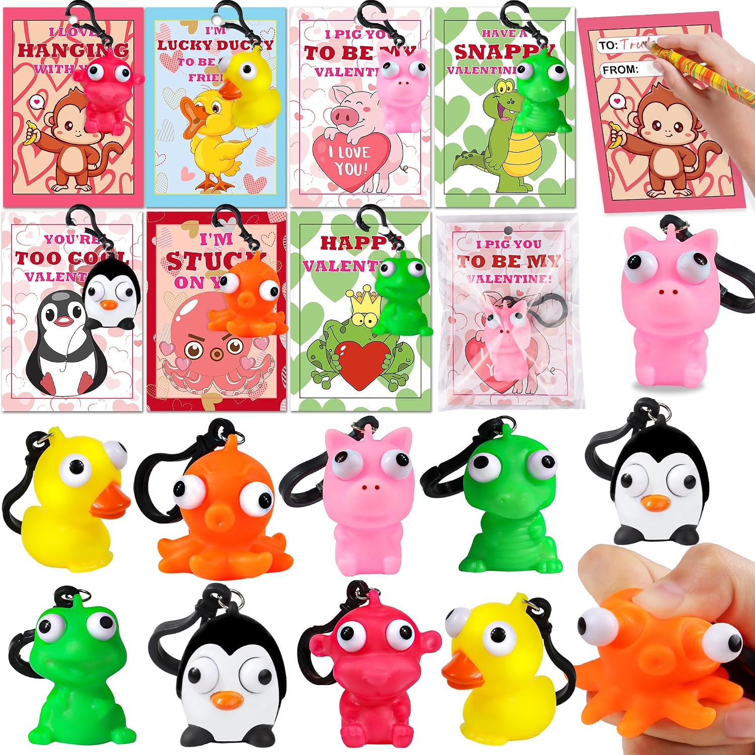 FLYSNK 28 Pack Valentines Day Cards for Kids with Popping Eye Animal Keychain Toys 7 Designs Frog Pig Duck Penguin Octopus Monkey Crocodile Includes 30 Gift Bags Classroom Exchange Party Favors Set