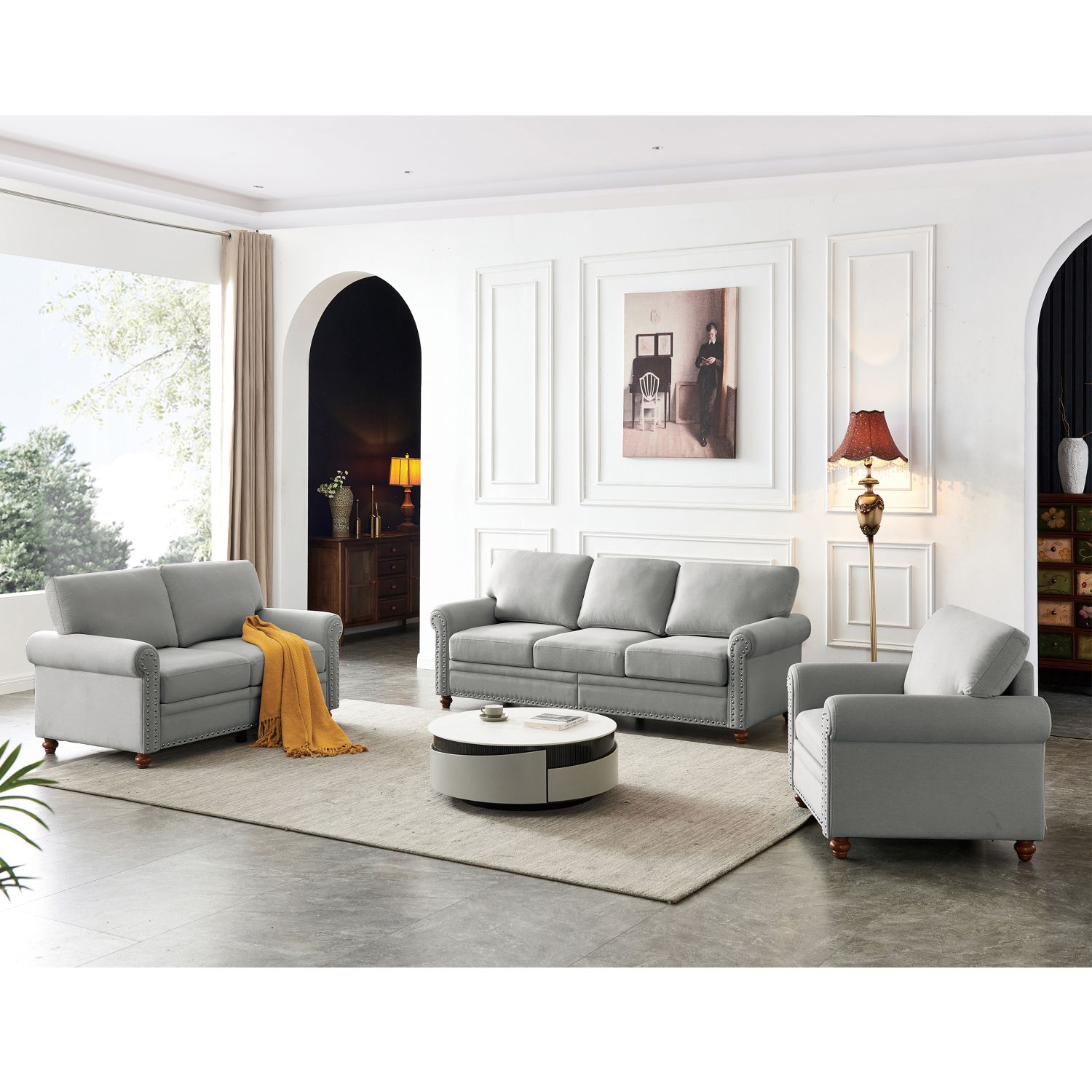 JASMODER W1097S00027 Classic Living Room Sofa In Grey Fabric 1+2+3 Seat (Same As W1097S00061)