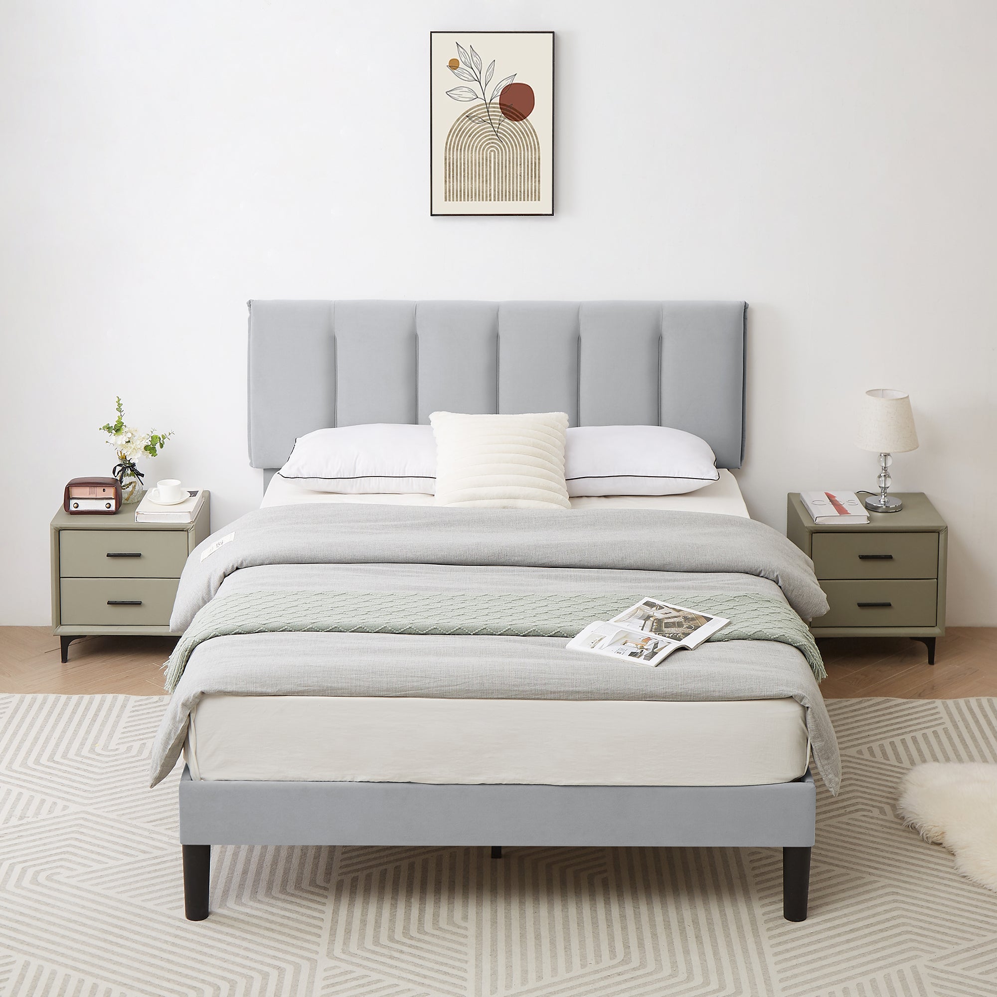 Vecelo LOE-CY-FB04-LGRY Full Bed Frame with Upholstered Adjustable Headboard Heavy Duty Platform Bed Frame with Strong Wooden Slats Support Light Gray
