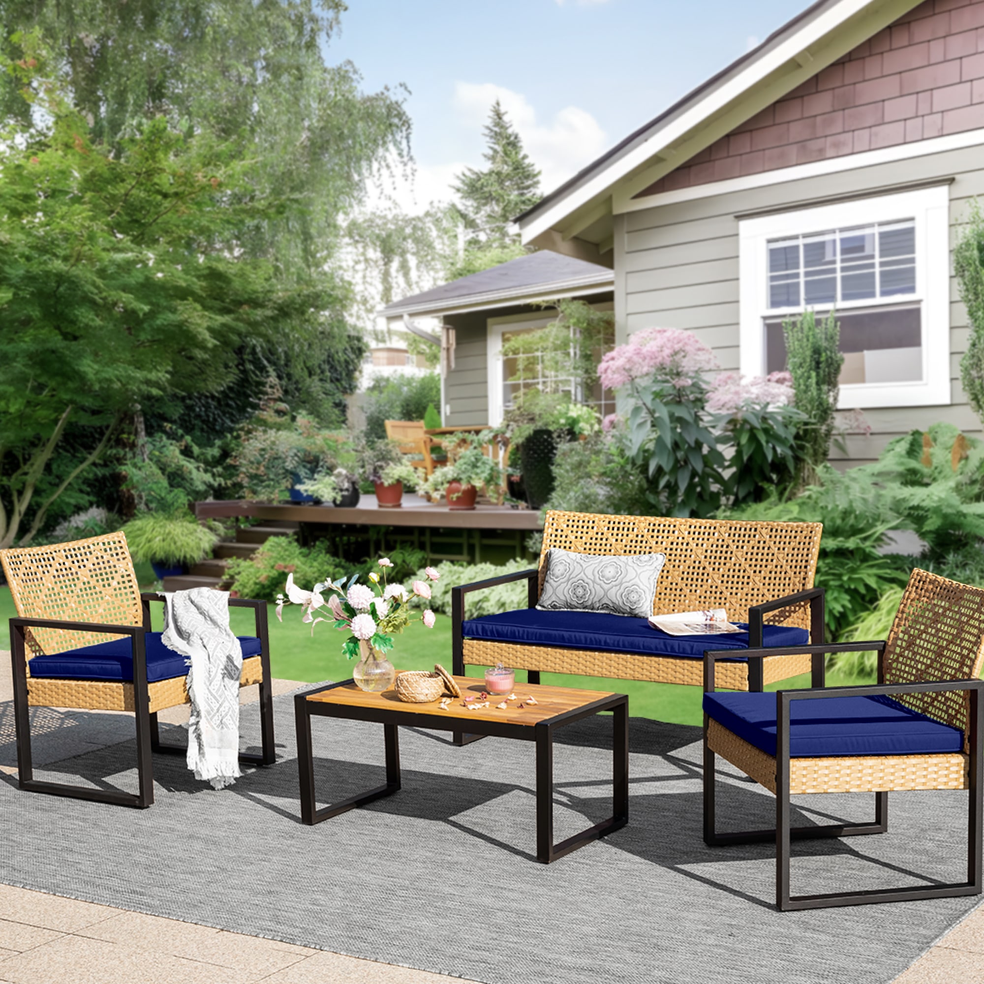 Sunshine Valley R3-303 4 -Piece Wicker Patio Conversation Set with Navy Cushions