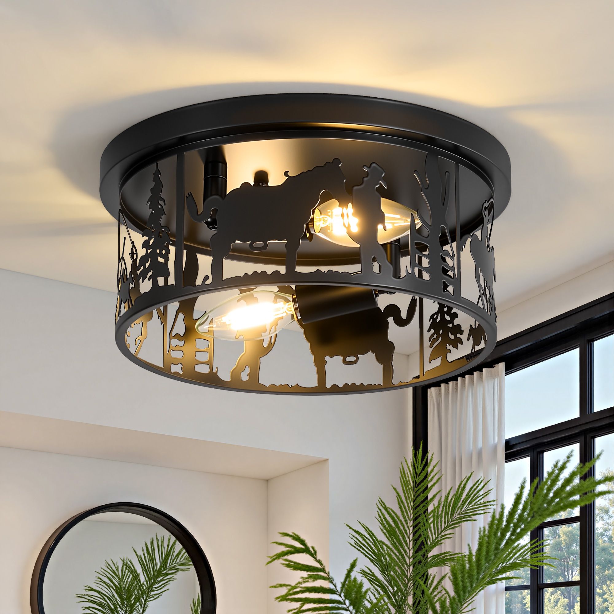 Lanmate  11.22-in W Black Western Cowboy Themed Flush Mount Light with Metal Silhouette Shade