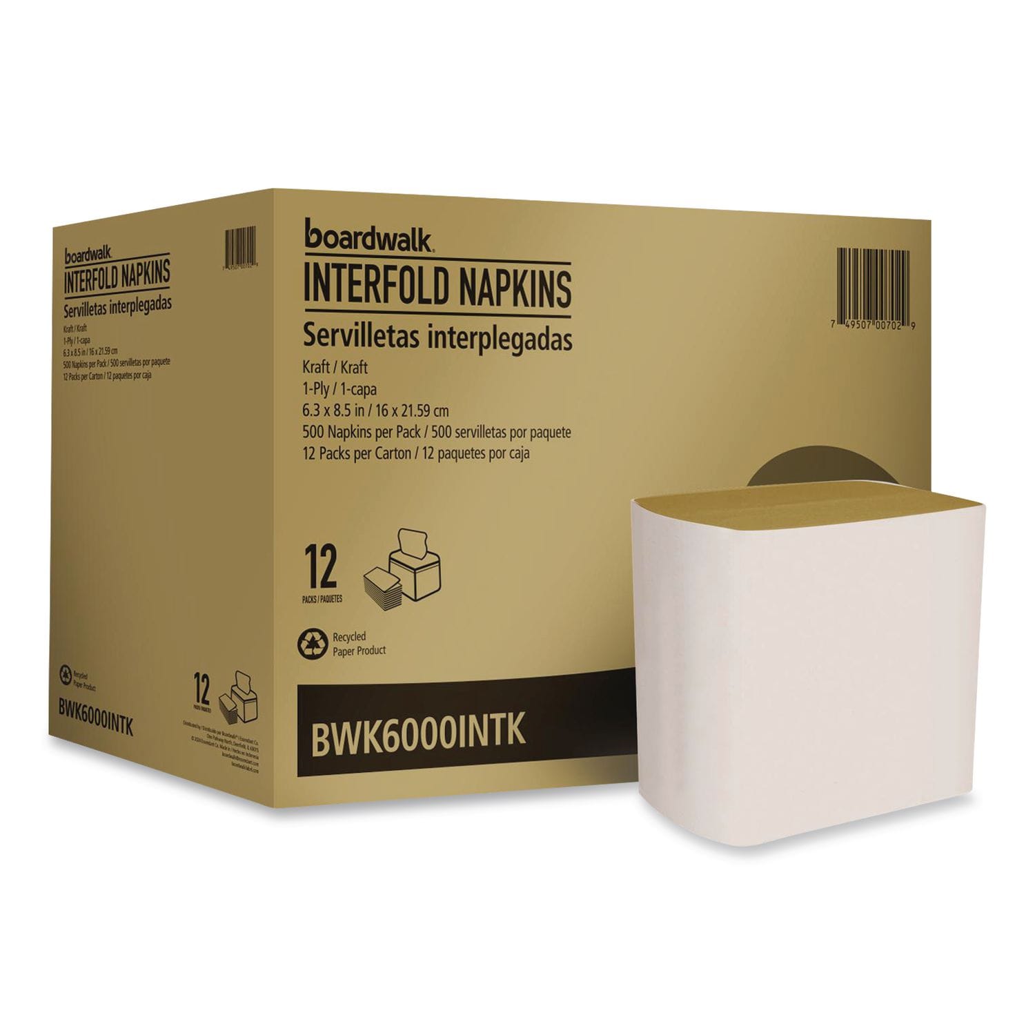 Boardwalk Interfold Napkins 1-Ply 8.8 x 6.3 Kraft 500/Pack 12 Packs/Carton