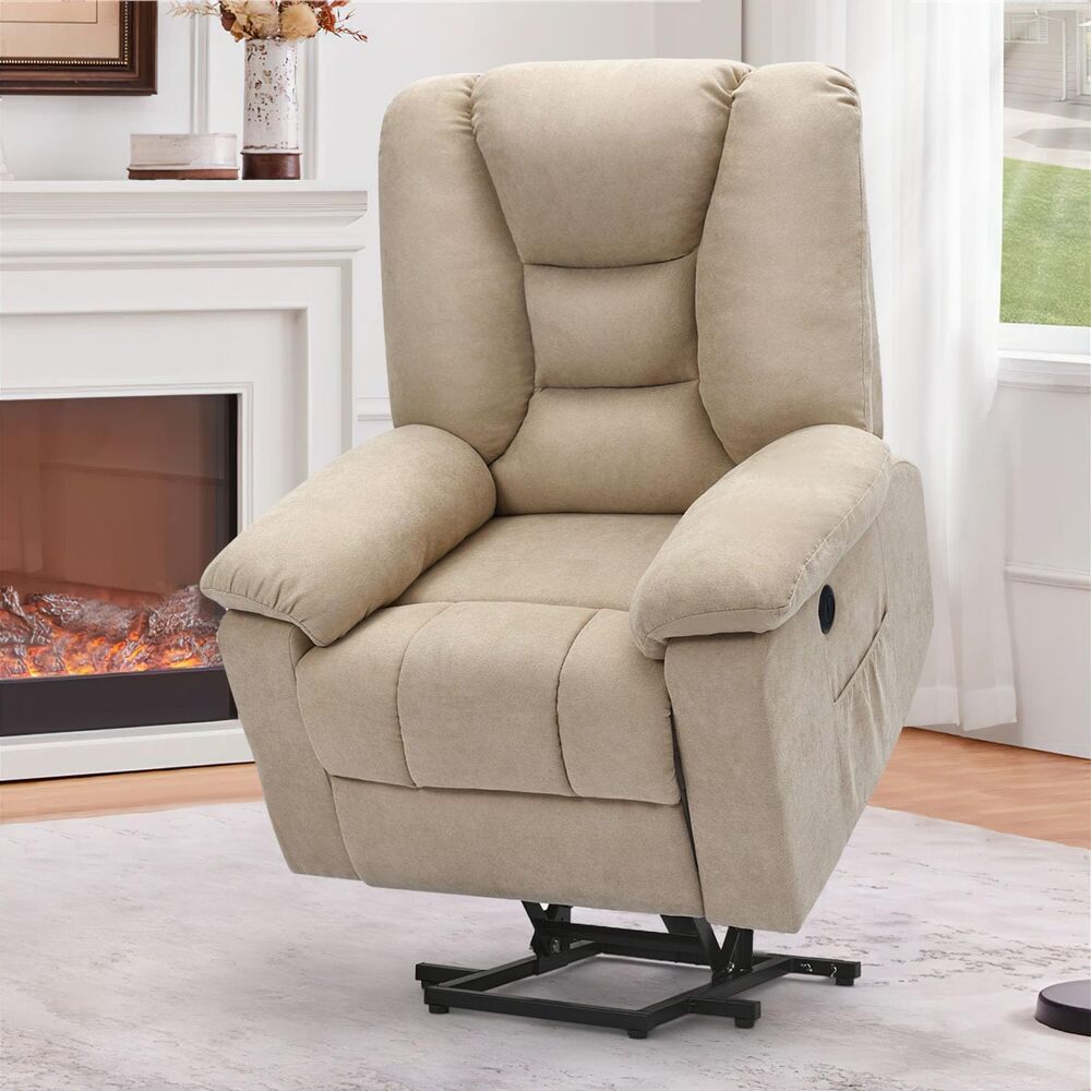 AECOJOY 13011UCR-LS01 Beige Leather Upholstered Powered Reclining Recliner with Lift Assistance