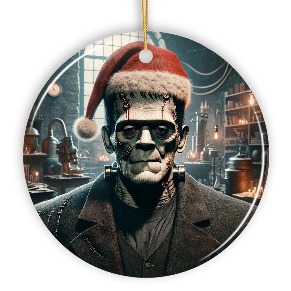 OrnamentallyYou 2097 Grotesque Frankenstein with Santa Hat Ornament Spooky Holiday Gift for Horror Fans