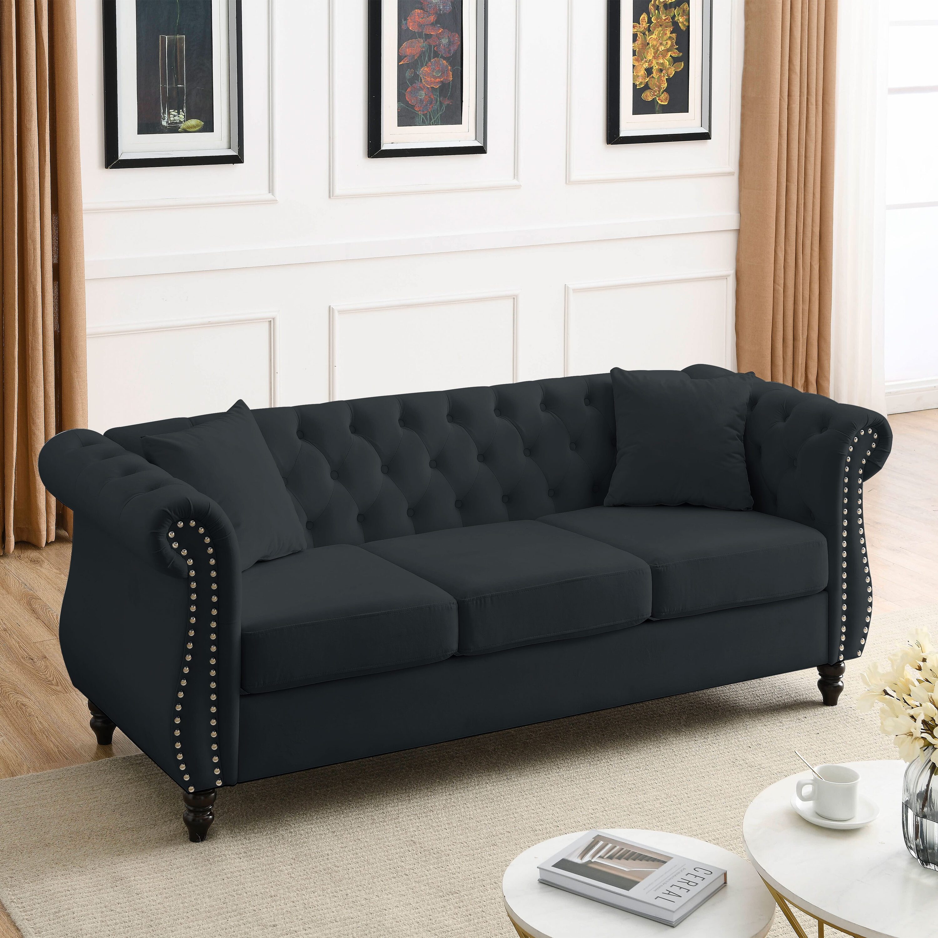 LOVMOR 80in Chesterfield Sofa Black Velvet for Living Room 3 Seater