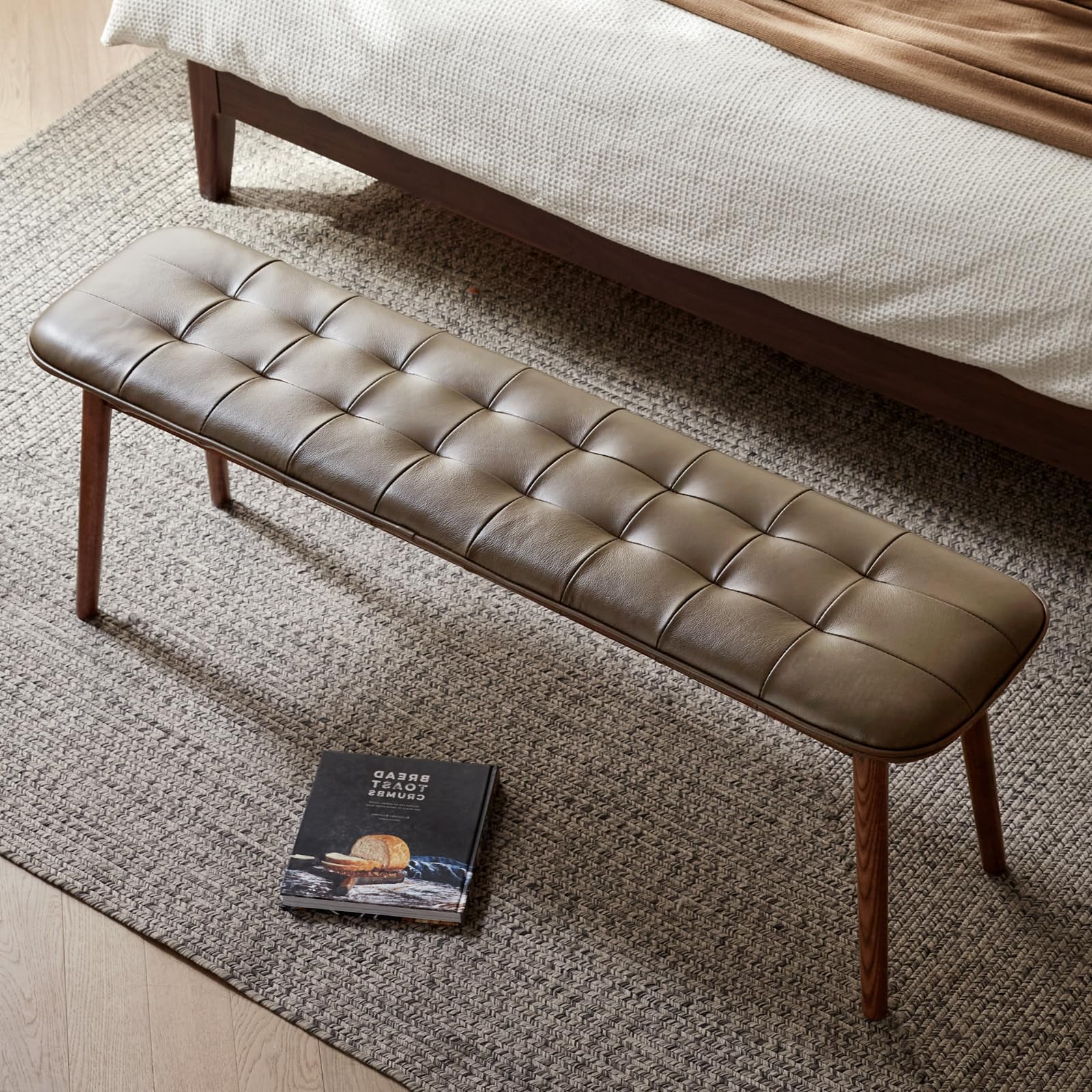 Bestier 47 Inch Solid Oak Dining Bench with Top Grain Leather Upholstered Cushion Brown #USLOW-W1283P297219