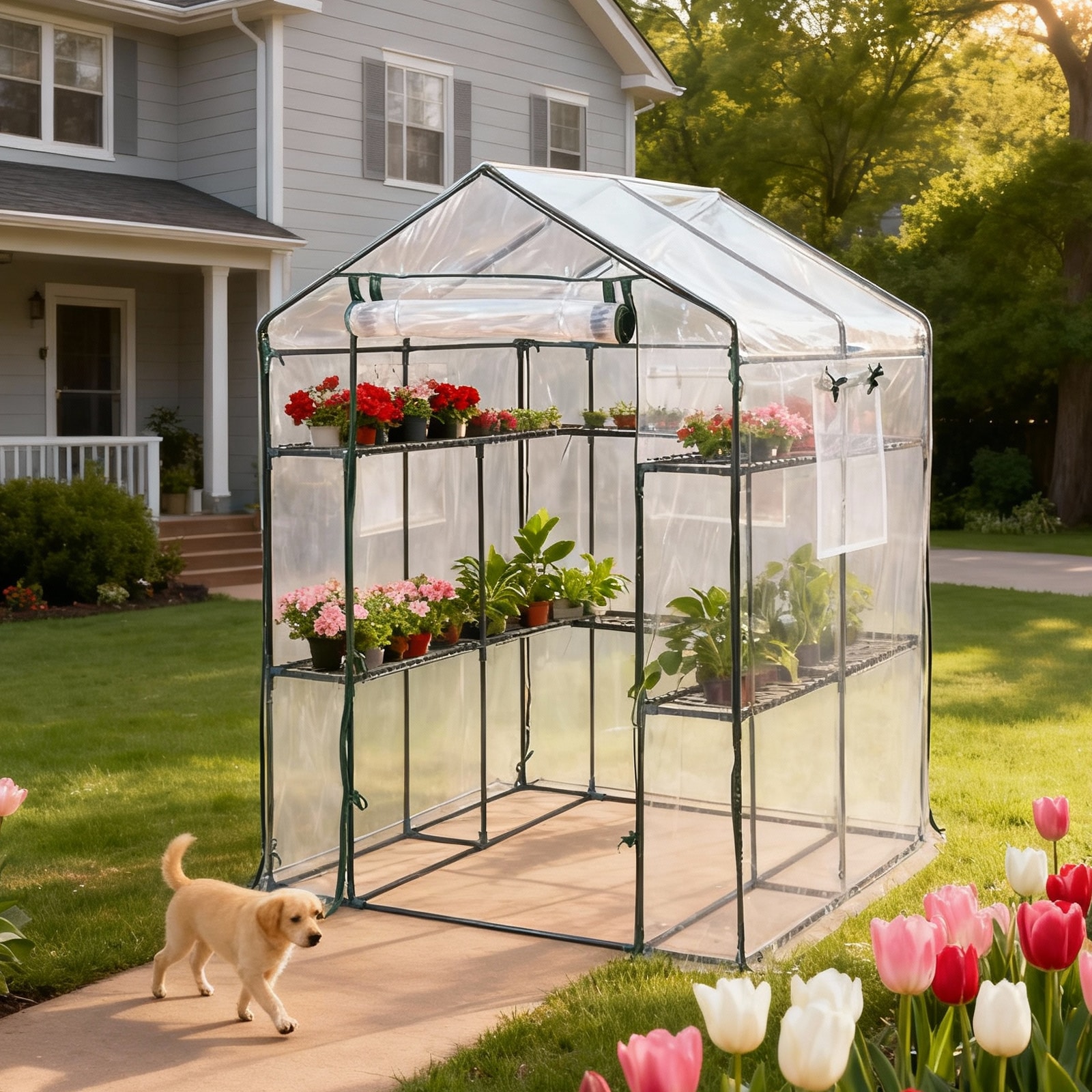 Garvee Home Walk in Greenhouse 56 x 56 x 77 Inch Outdoor Plant Green House with 3 Tiers 12 Shelves Heavy Duty Steel Frame and Thicken PE Cover Portable Greenhouses for Balcony Patio Deck Gardening Clear