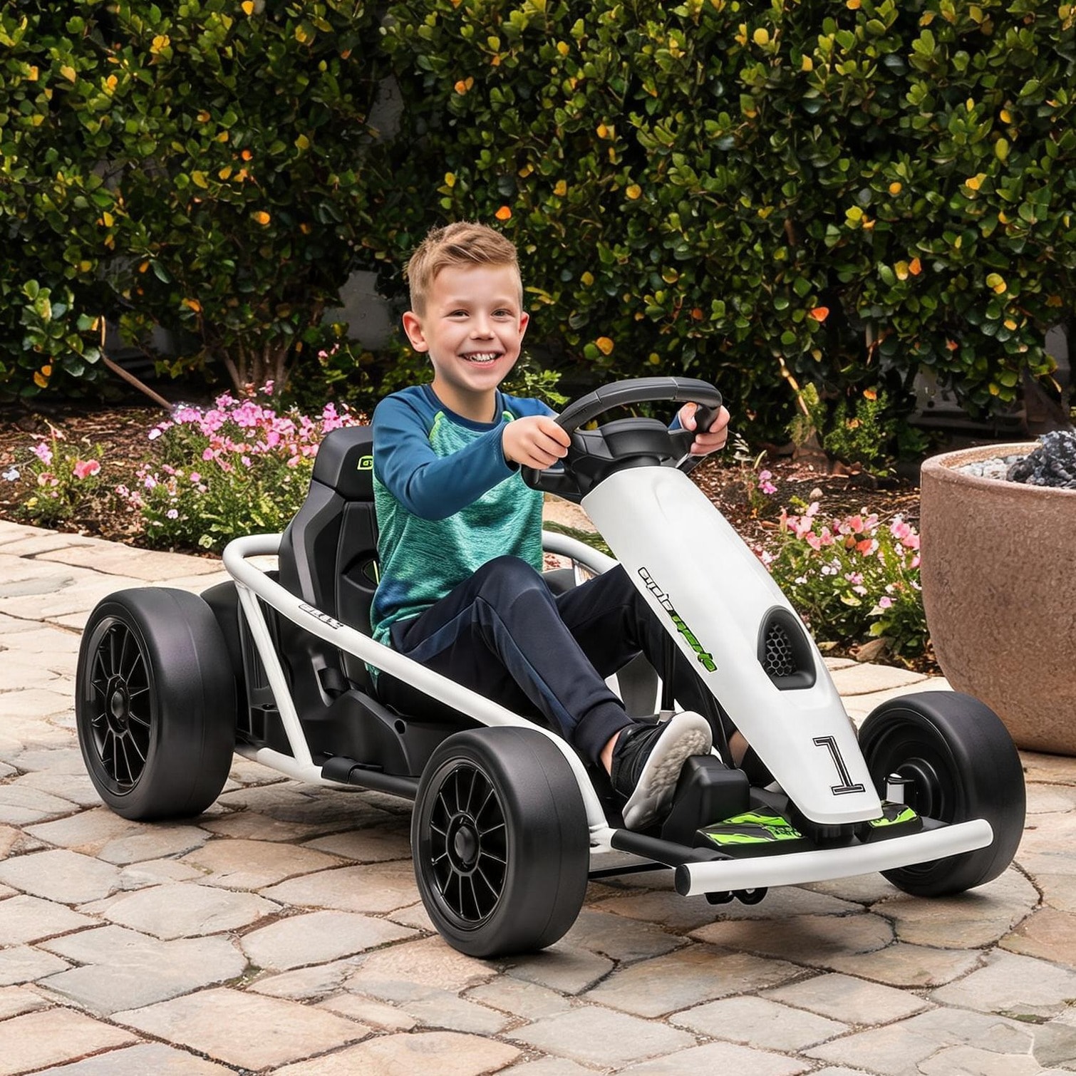 Watnature - Electric drift go-kart in classic white for kids 812 years 24V dual-drive motor 8.1 m...