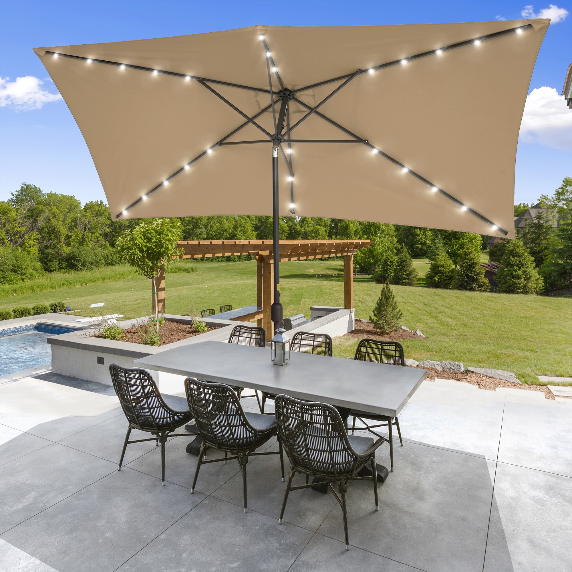 ACEGOSES 10-ft Aluminum Tan Push-button Tilt Market Patio Umbrella with Lights