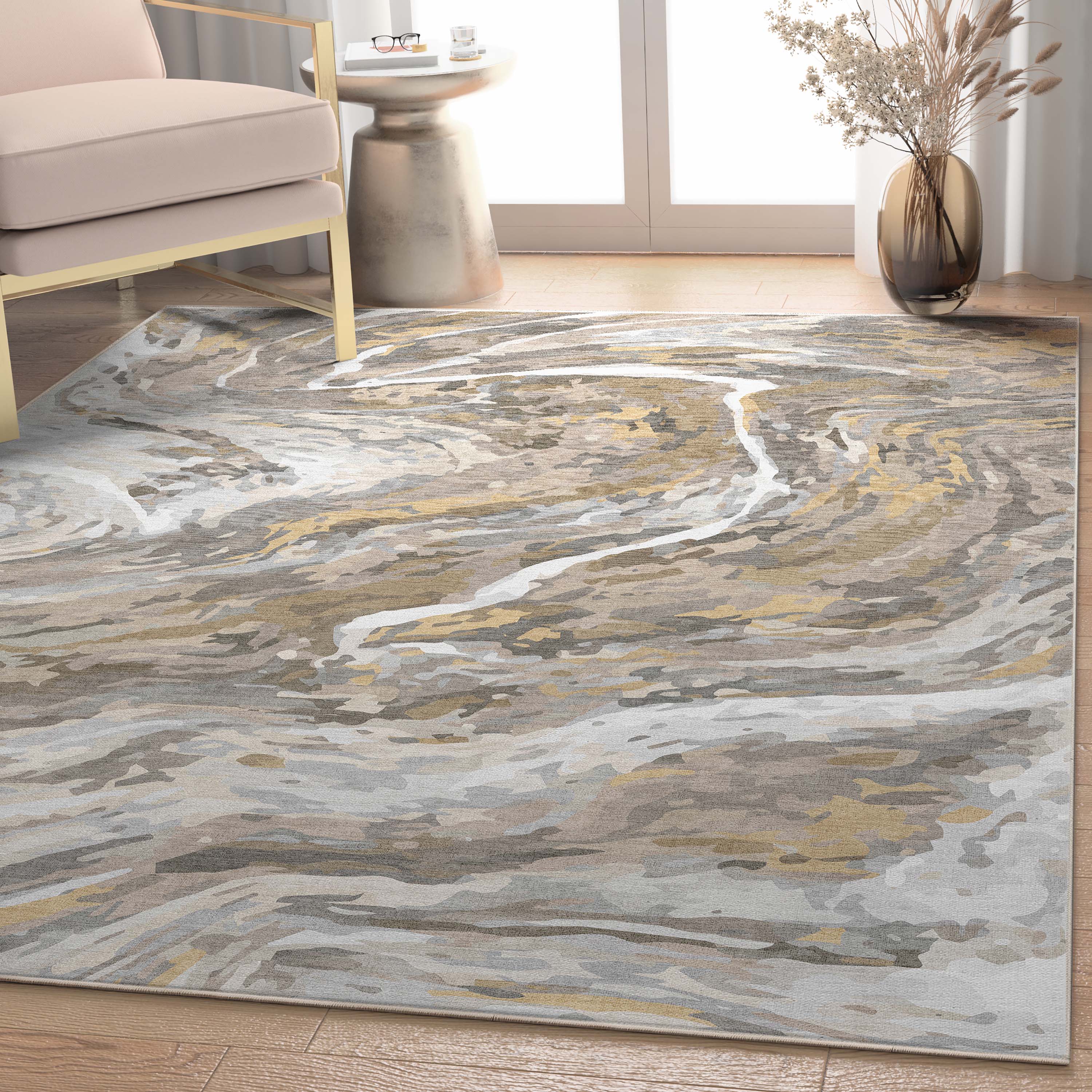 Well Woven W-AB-15C-8 Abstract 9 x 13 (ft) Flatweave Polyester Beige Gold Rectangular Indoor Stripe Mid-Century Modern Area rug