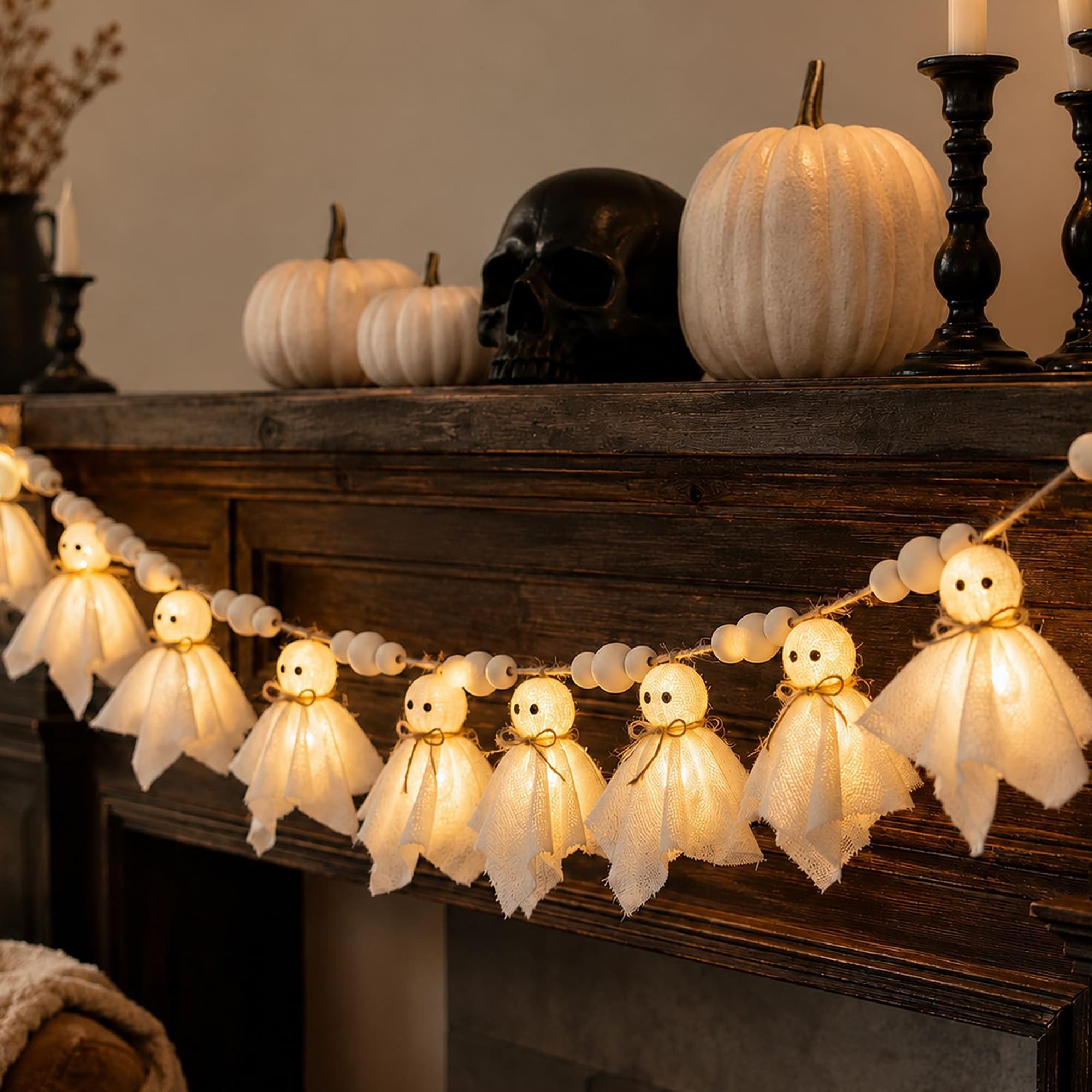 OGETFUUR 6.9ft 10-Light LED White Halloween Ghost Garland for Mantel Staircase Indoor Decor featuring Soft Warm Glow and Spooky Ghost Silhouettes