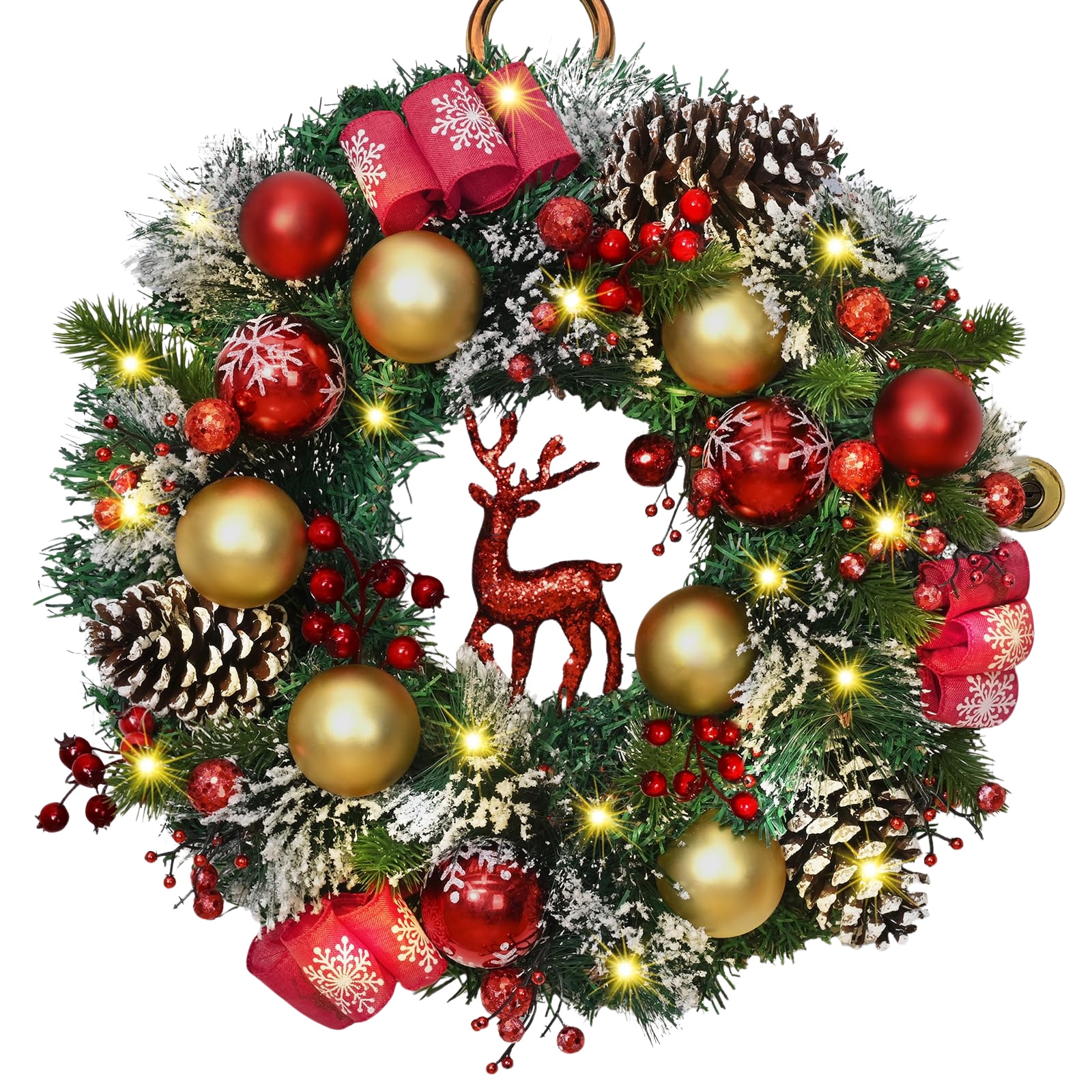 Etokfoks - 16 Inch Christmas Wreath with Red Reindeer Ornaments Pine Cones and Berries Elegant F...