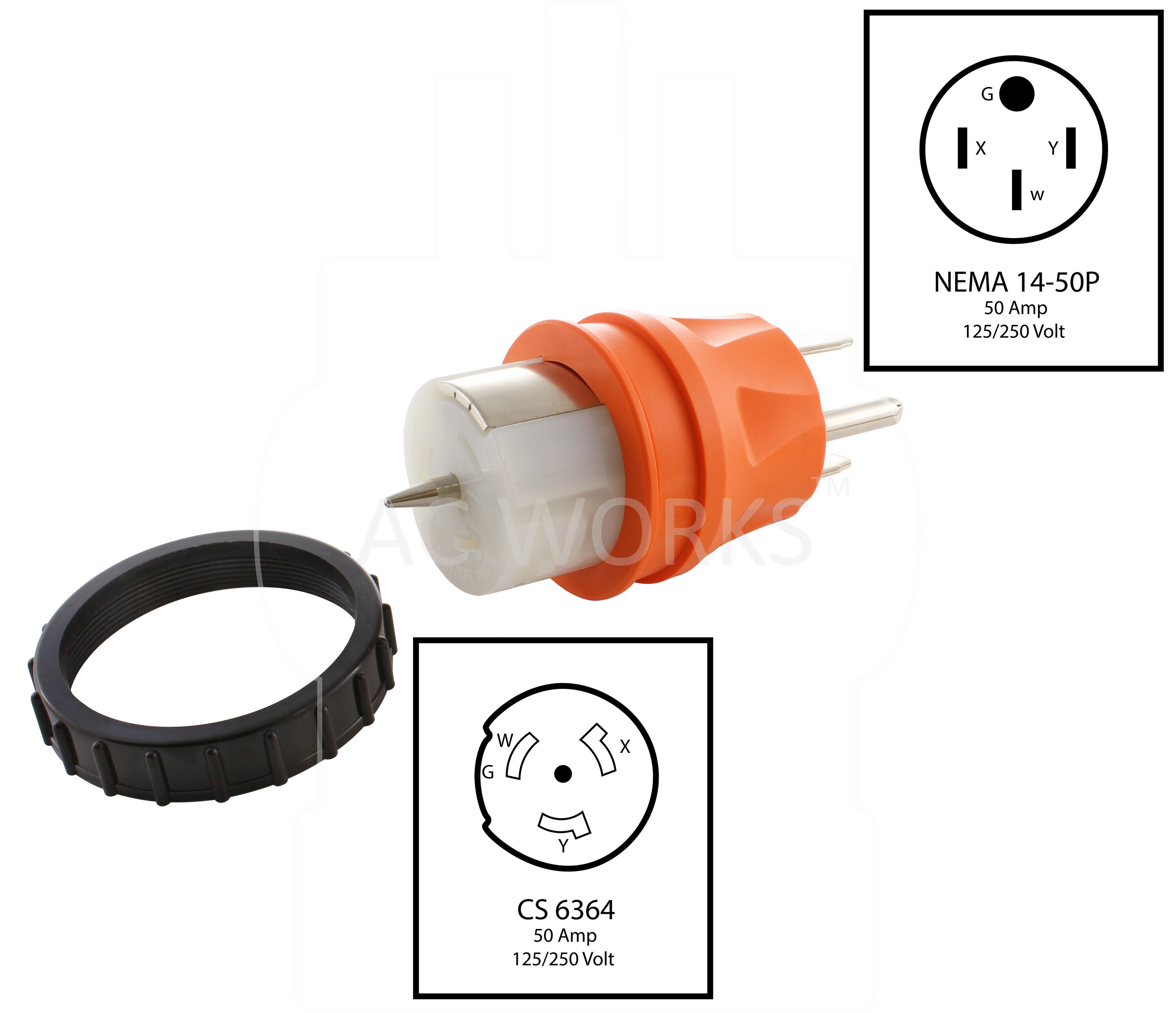 CS6361C (Plug) x 14-50R (4-Prong) Adapter (50 Amp, 120 Volt, 1' 10/3 Wire  AWG, SOOW Jacket)