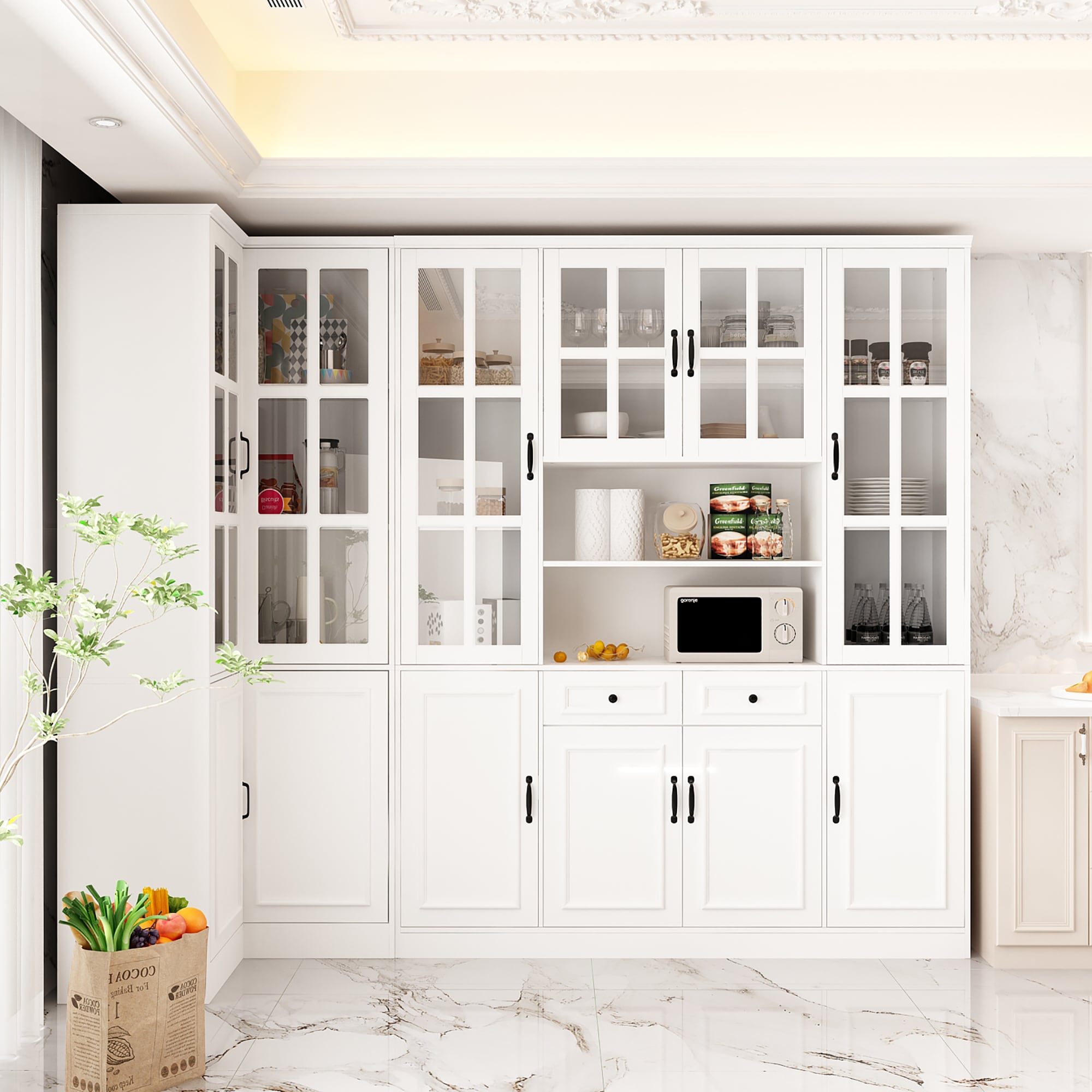 White pantry cabinet with glass doors and built-in microwave area