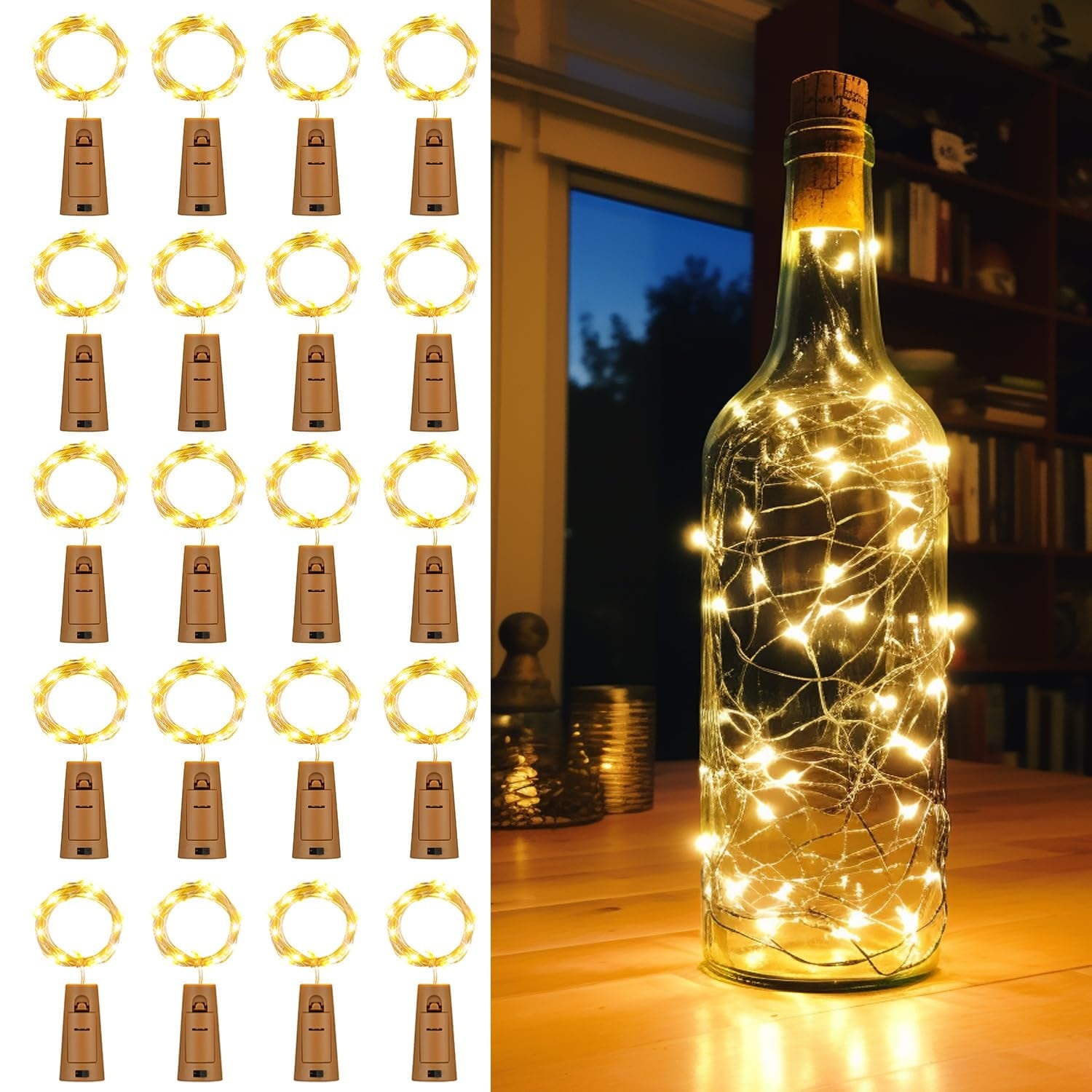 Afoxsos  20 pack wine bottle lights with cork warm white 20 LED silver wire fairy lights for bottles jars crafts wedding party table decor