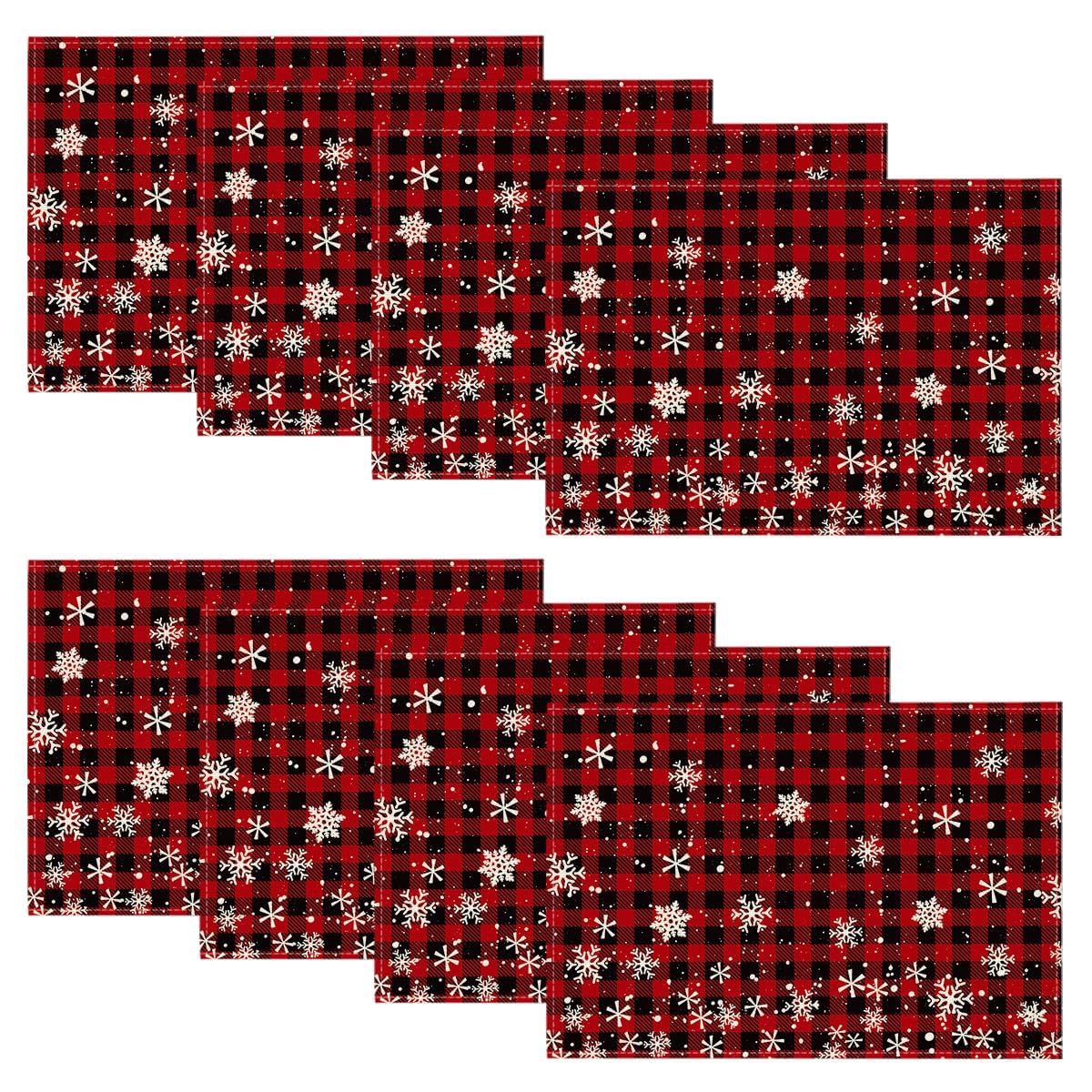 Aoibox  8 Piece Red and Black Buffalo Plaid Snowflake Polyester Placemats 18 x 12 in Table Mat Set